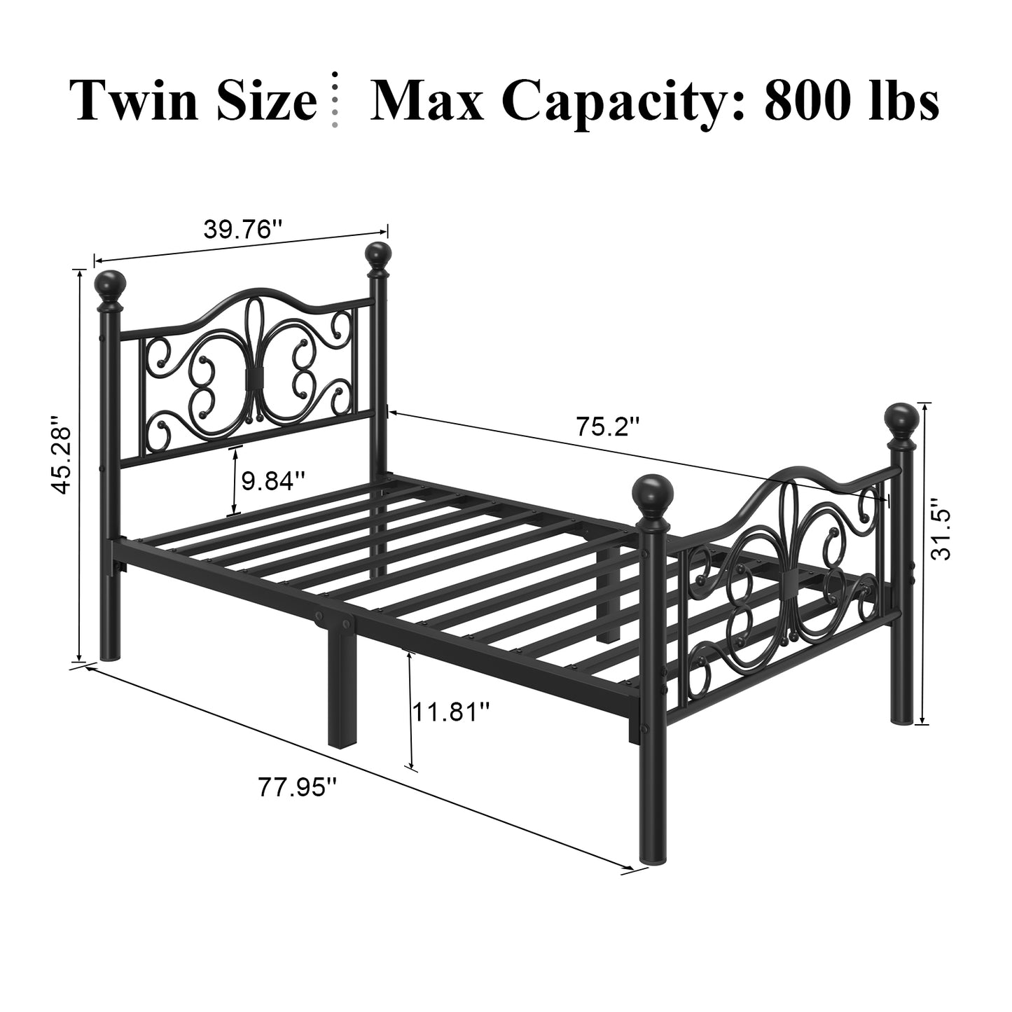 E-motie Metal Platform Bed Frame with Butterfly Pattern Vintage Headboard & Footboard, Underbed Storage