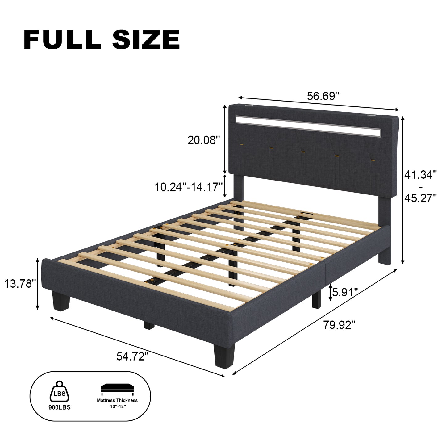 E-motie Upholstered Bed Frame with Adjustable Headboard, LED Platform Bed with Bluetooth Speakers,Charging Station
