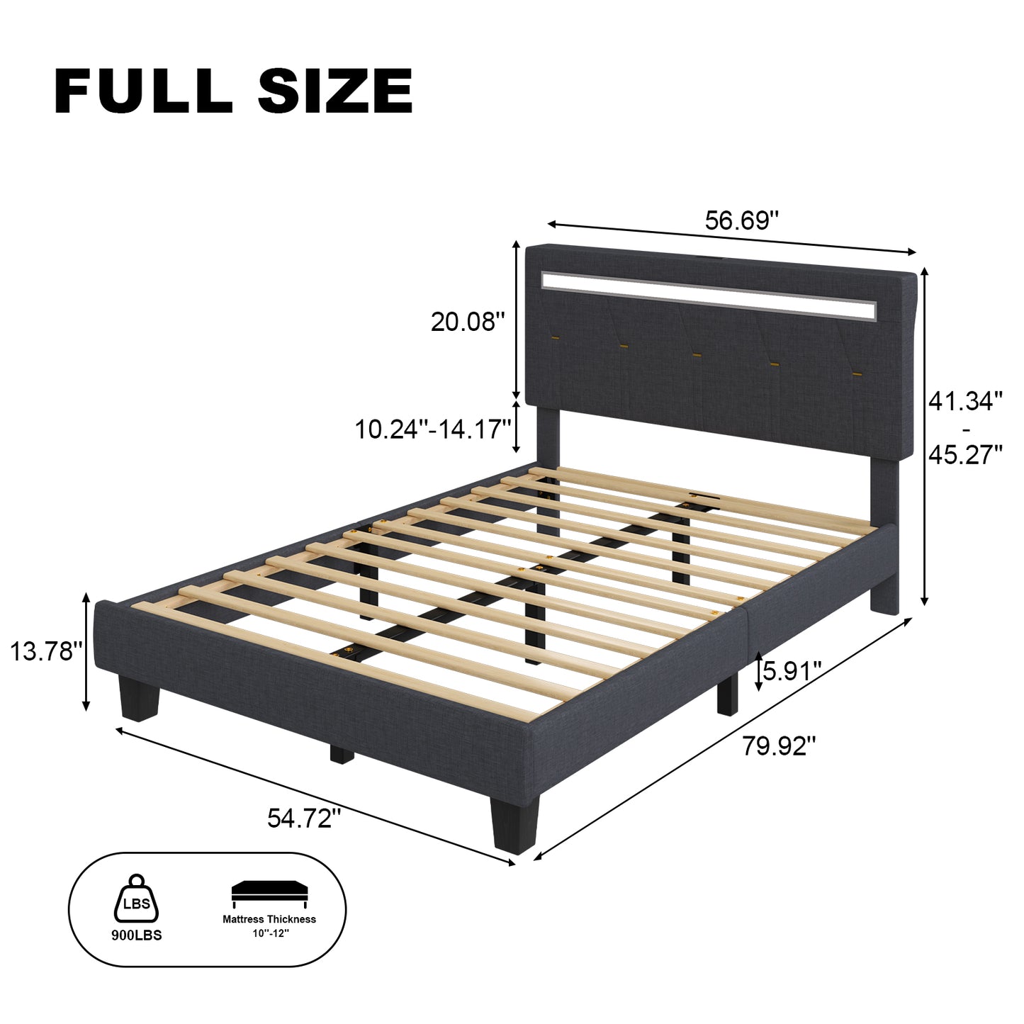 E-motie LED Bed with Charging Station, Platform Bed Frame with Upholstered Button Headboard