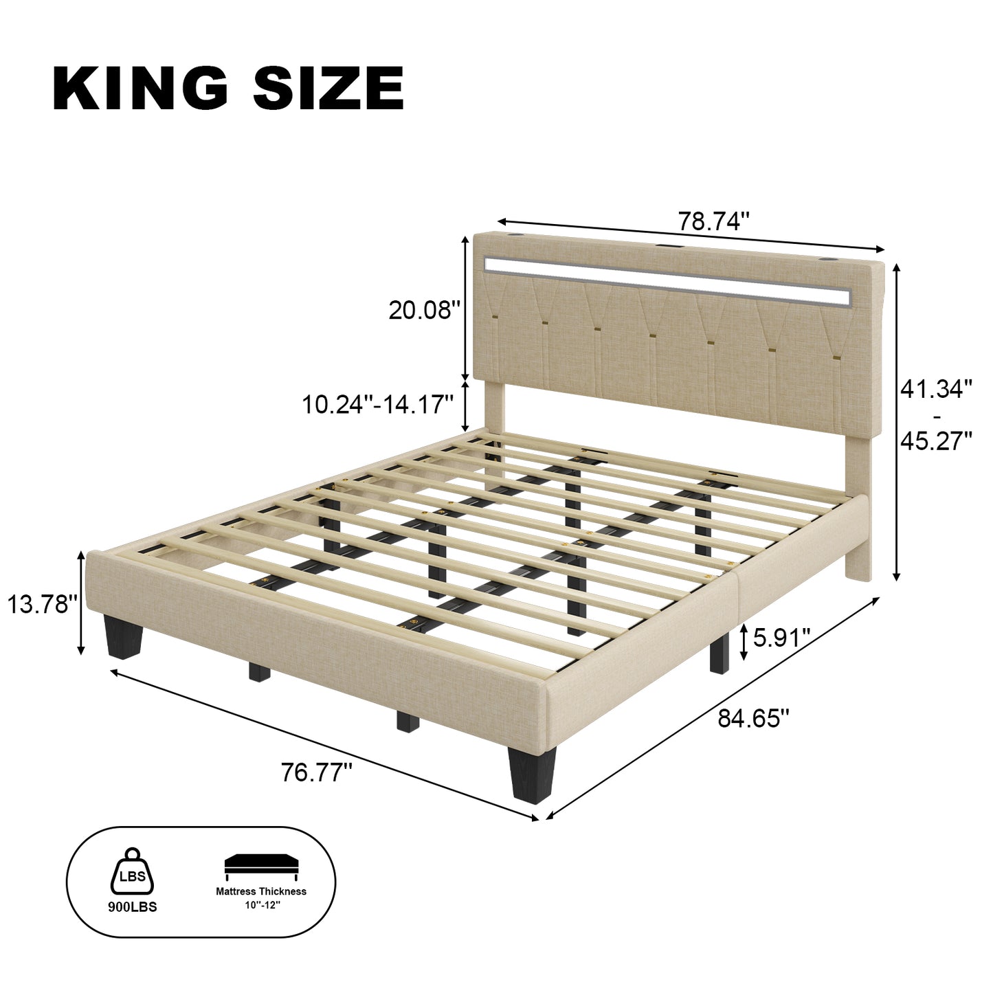 E-motie Upholstered Bed Frame with Adjustable Headboard, LED Platform Bed with Bluetooth Speakers,Charging Station