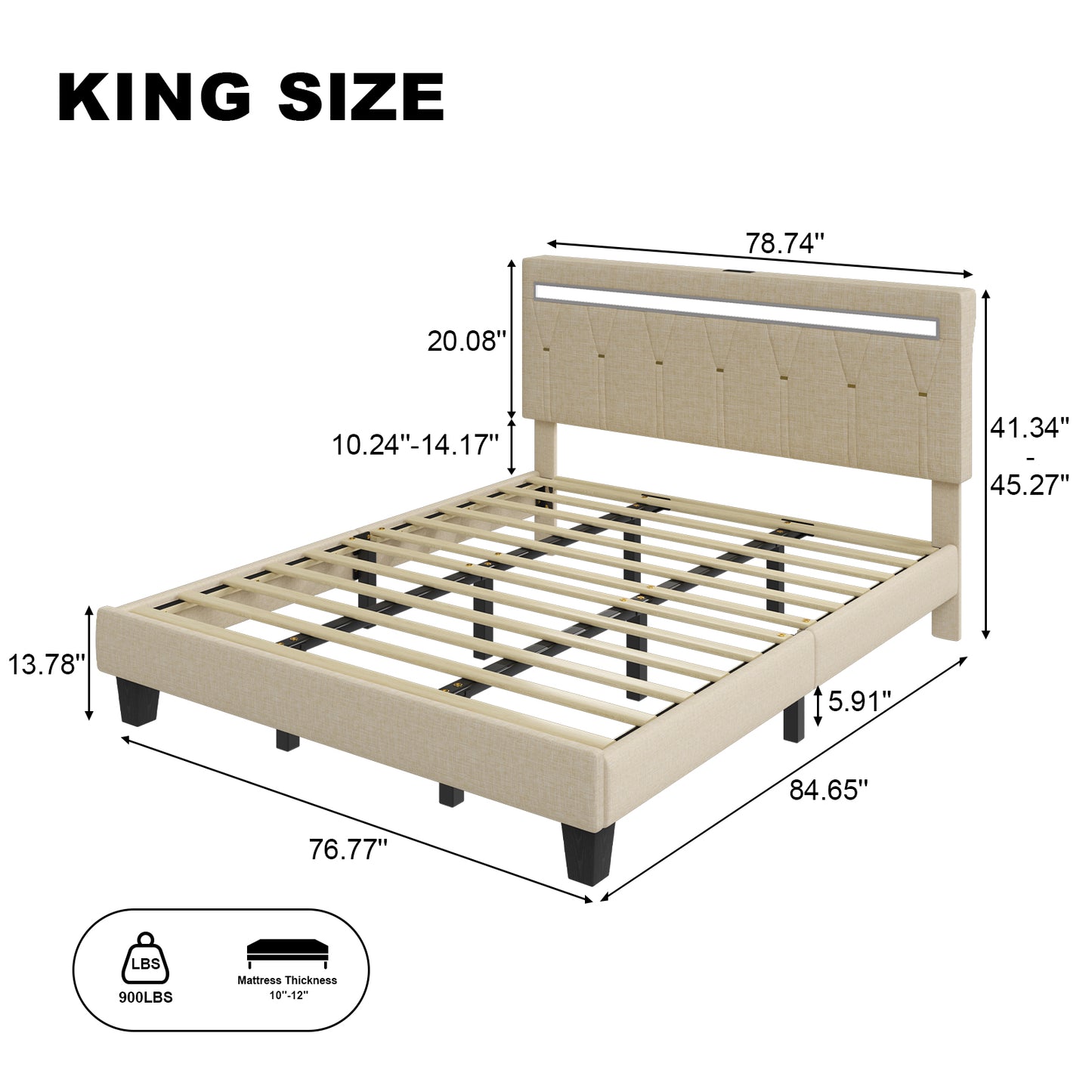 E-motie LED Bed with Charging Station, Platform Bed Frame with Upholstered Button Headboard