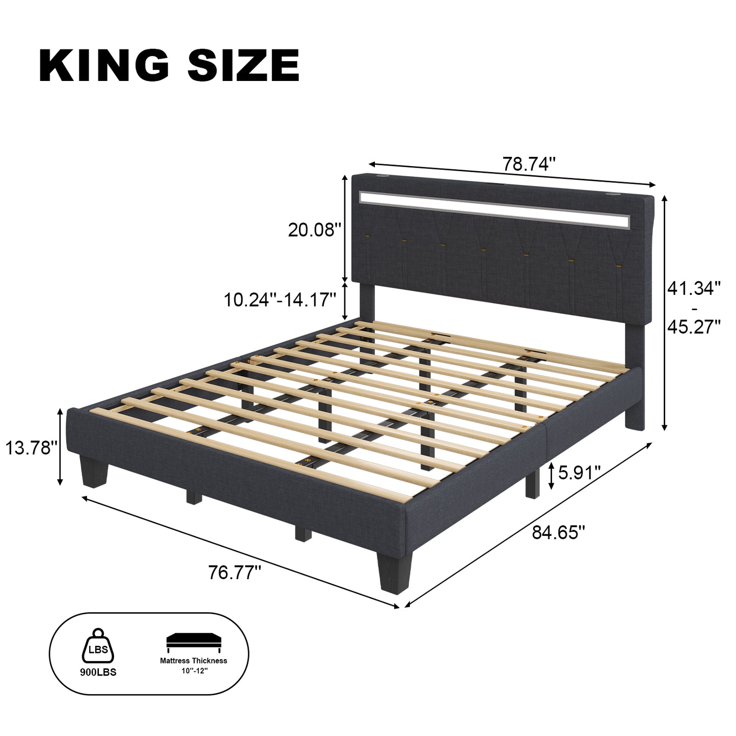 E-motie Upholstered Bed Frame with Adjustable Headboard, LED Platform Bed with Bluetooth Speakers,Charging Station