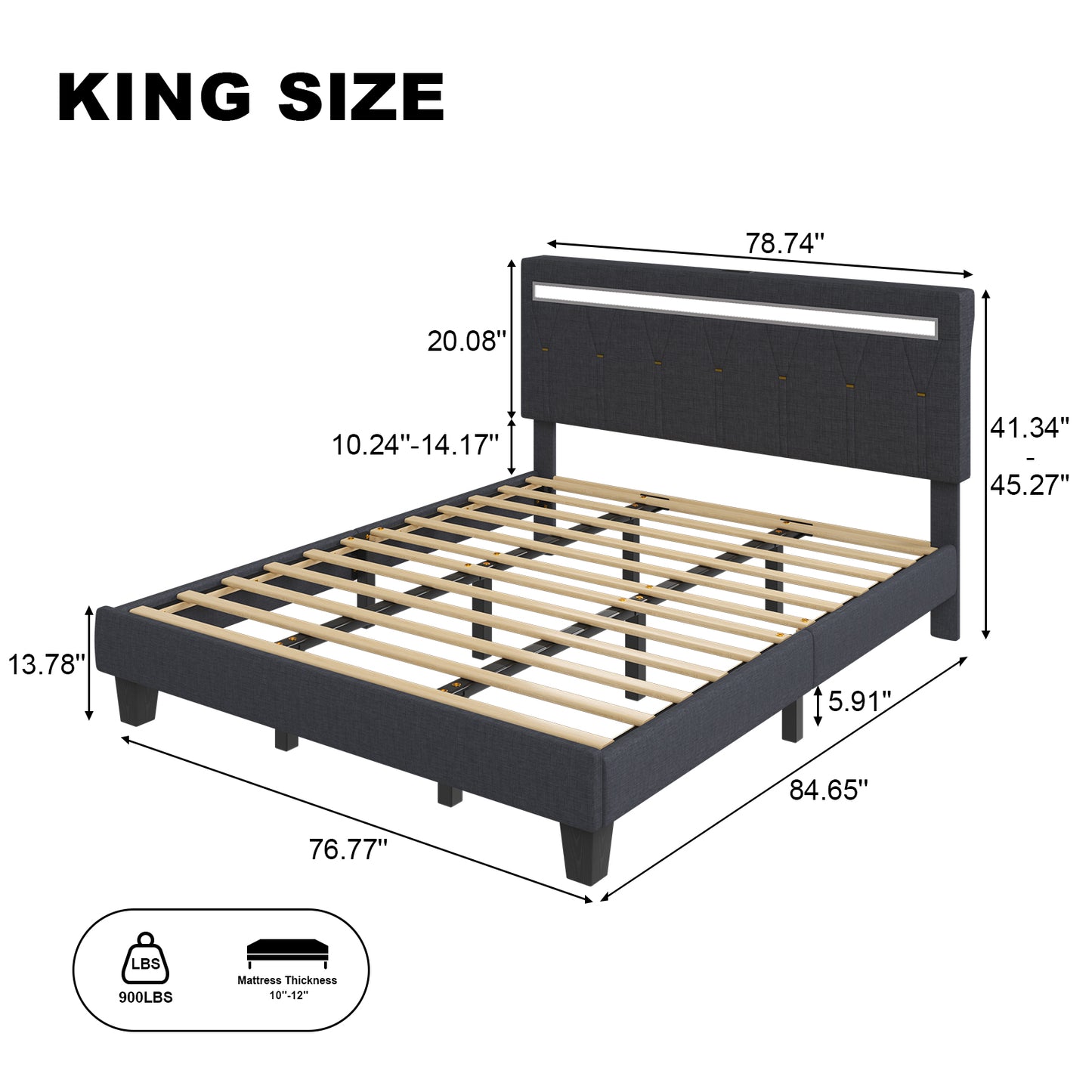 E-motie LED Bed with Charging Station, Platform Bed Frame with Upholstered Button Headboard