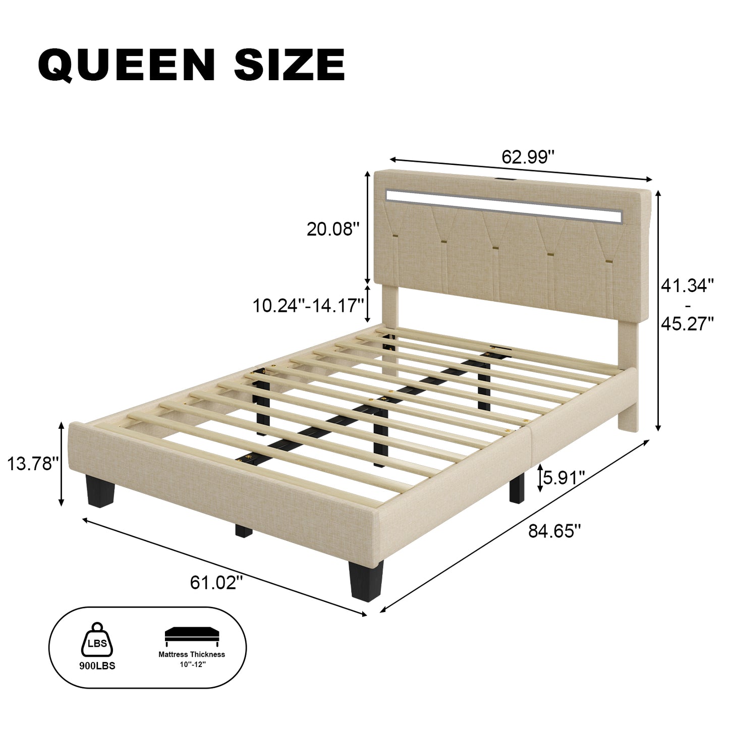 E-motie LED Bed with Charging Station, Platform Bed Frame with Upholstered Button Headboard