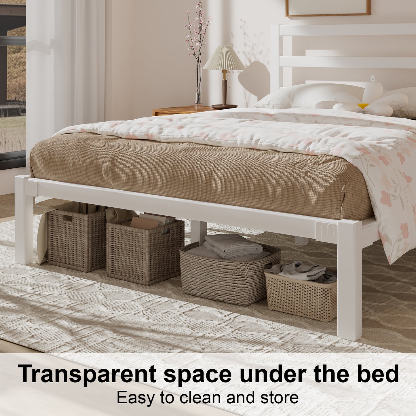 E-motie Metal Platform Bed Frame with Headboard, Under-Bed Storage