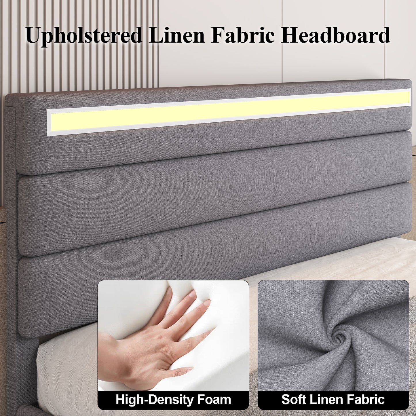 E-motie Upholstered LED Bed Frame with Storage Ottoman and Charging Ports