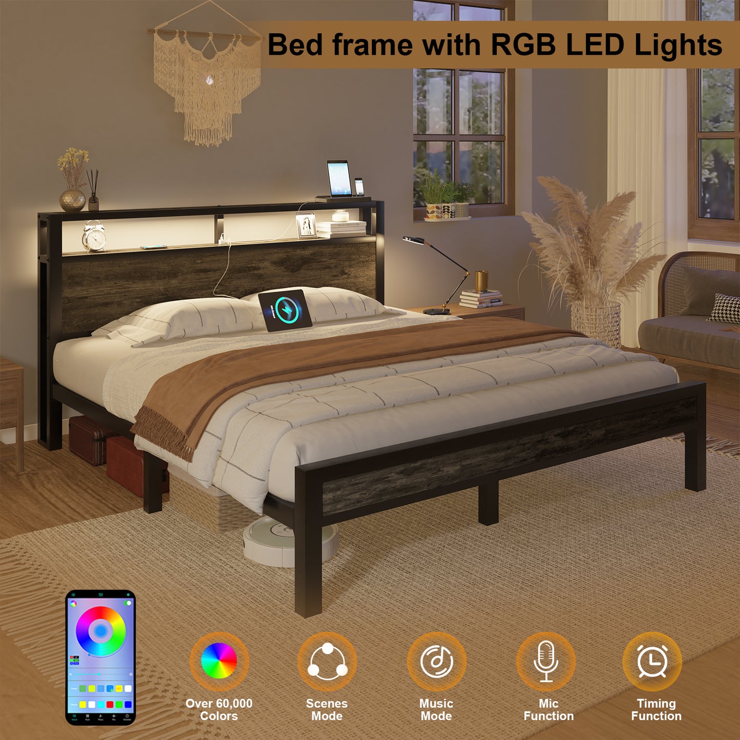 E-motie Bed Frame with Storage Headboard, Metal Platform Bed with LED Lights