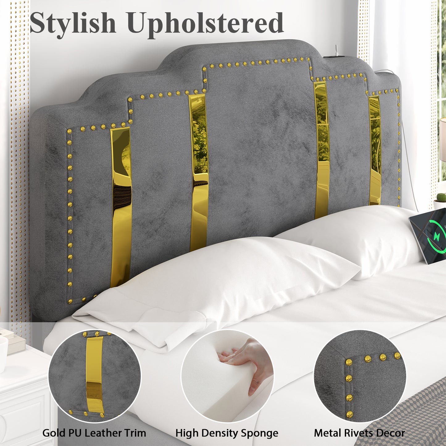 Velvet Upholstered Bed frame, Golden Metal Riveted and Sequined Headboard