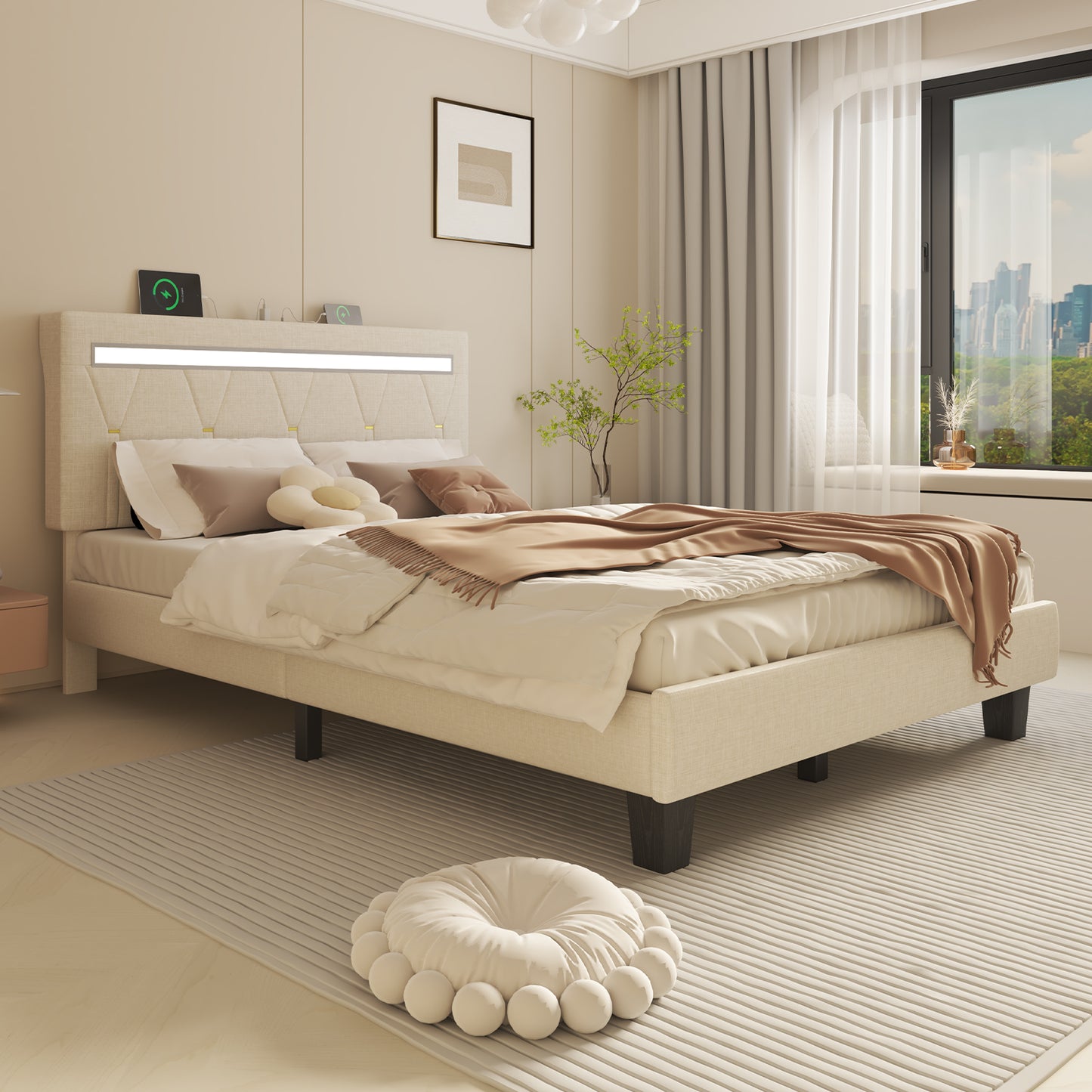 E-motie LED Bed with Charging Station, Platform Bed Frame with Upholstered Button Headboard