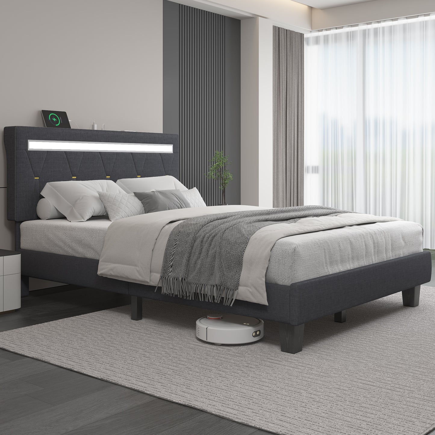 E-motie Upholstered Bed Frame with Adjustable Headboard, LED Platform Bed with Bluetooth Speakers,Charging Station