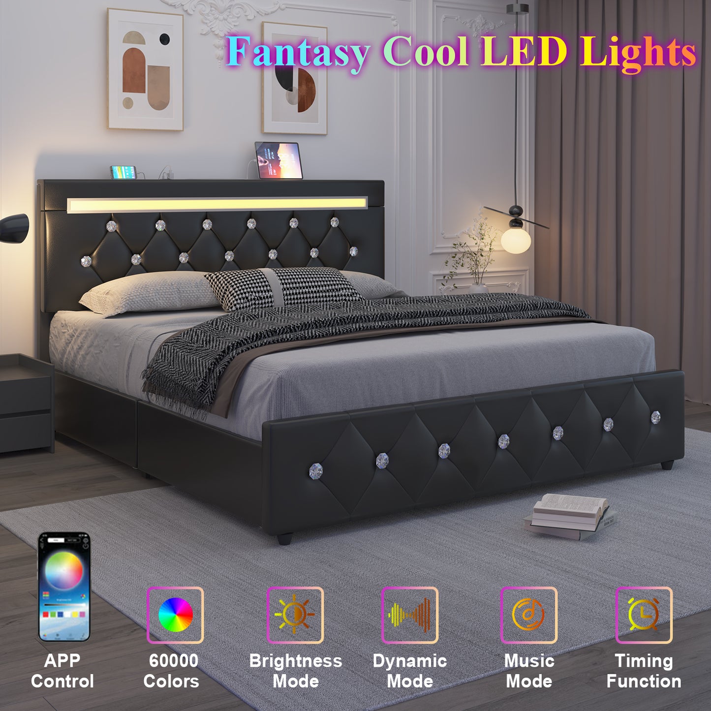E-motie Bed Frame with Storage Drawers and Led Headboard, Platform Bed Frame Charging Station
