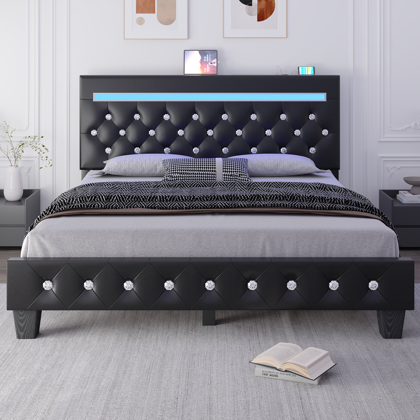Bed Frame with Adjustable Headboard, Faux Leather Upholstered Platform Bed Frame with LED&Charging Station, Wood Slats Support