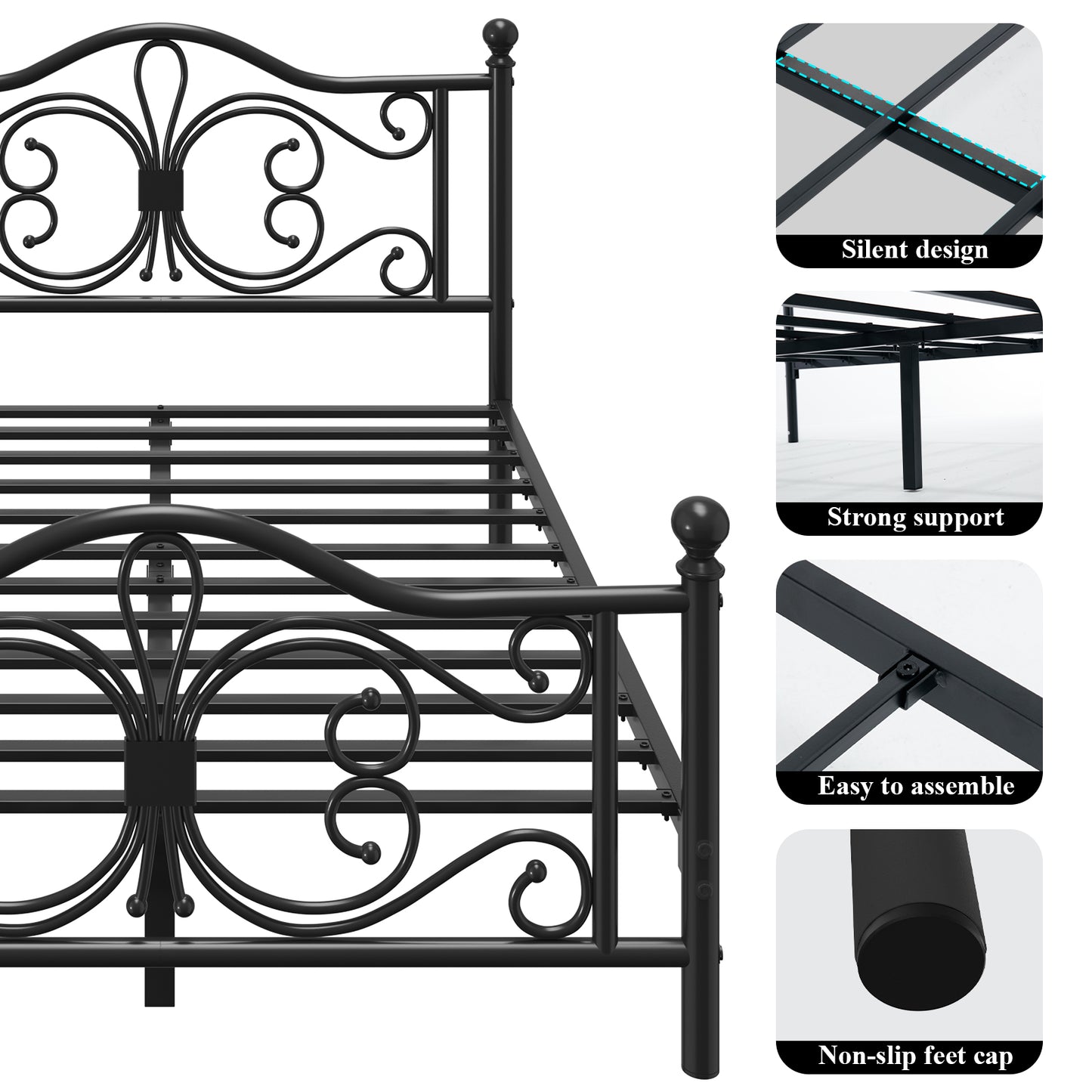 E-motie Metal Platform Bed Frame with Butterfly Pattern Vintage Headboard & Footboard, Underbed Storage