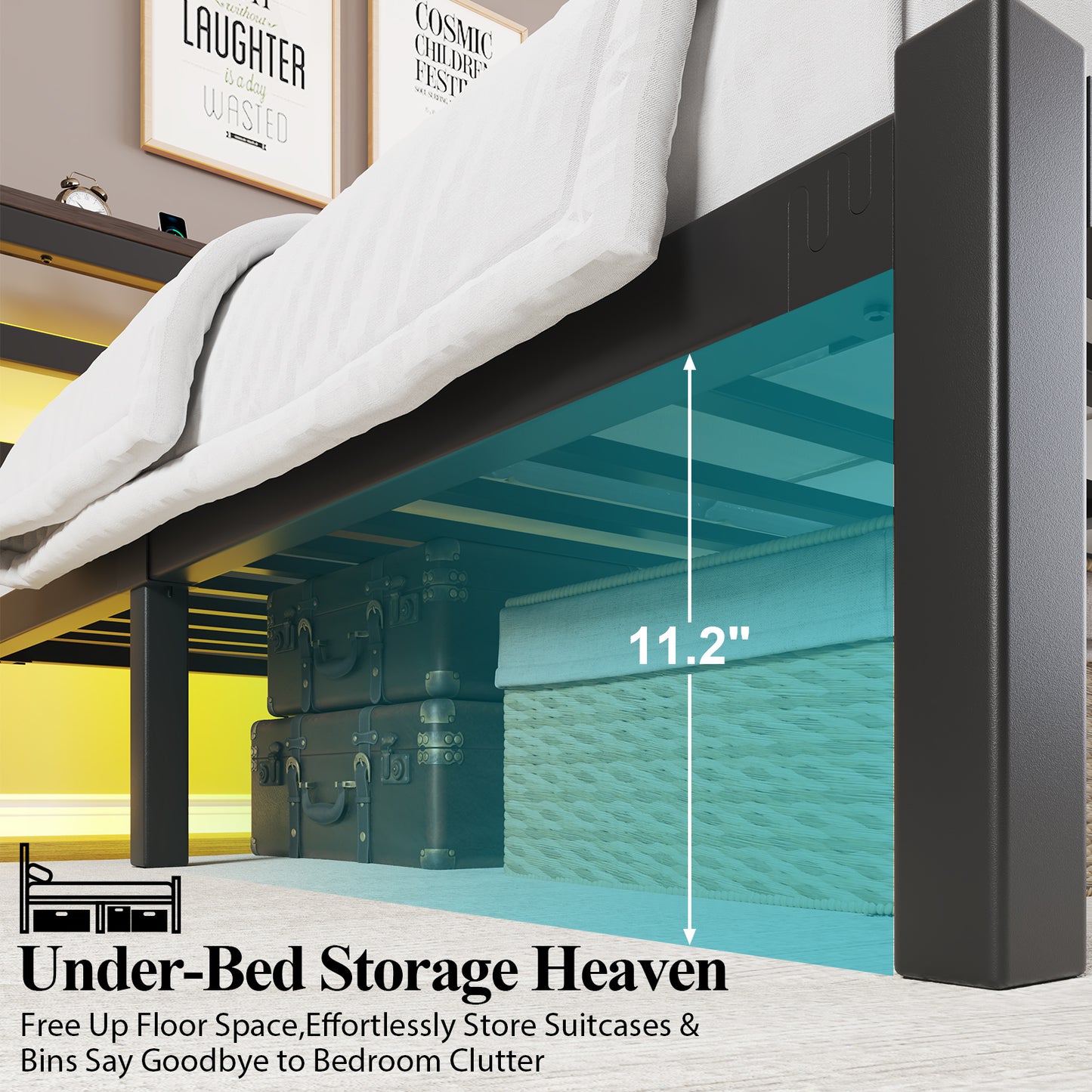 E-motie Metal Platform Bed Frame with Headboard, Under-Bed Storage