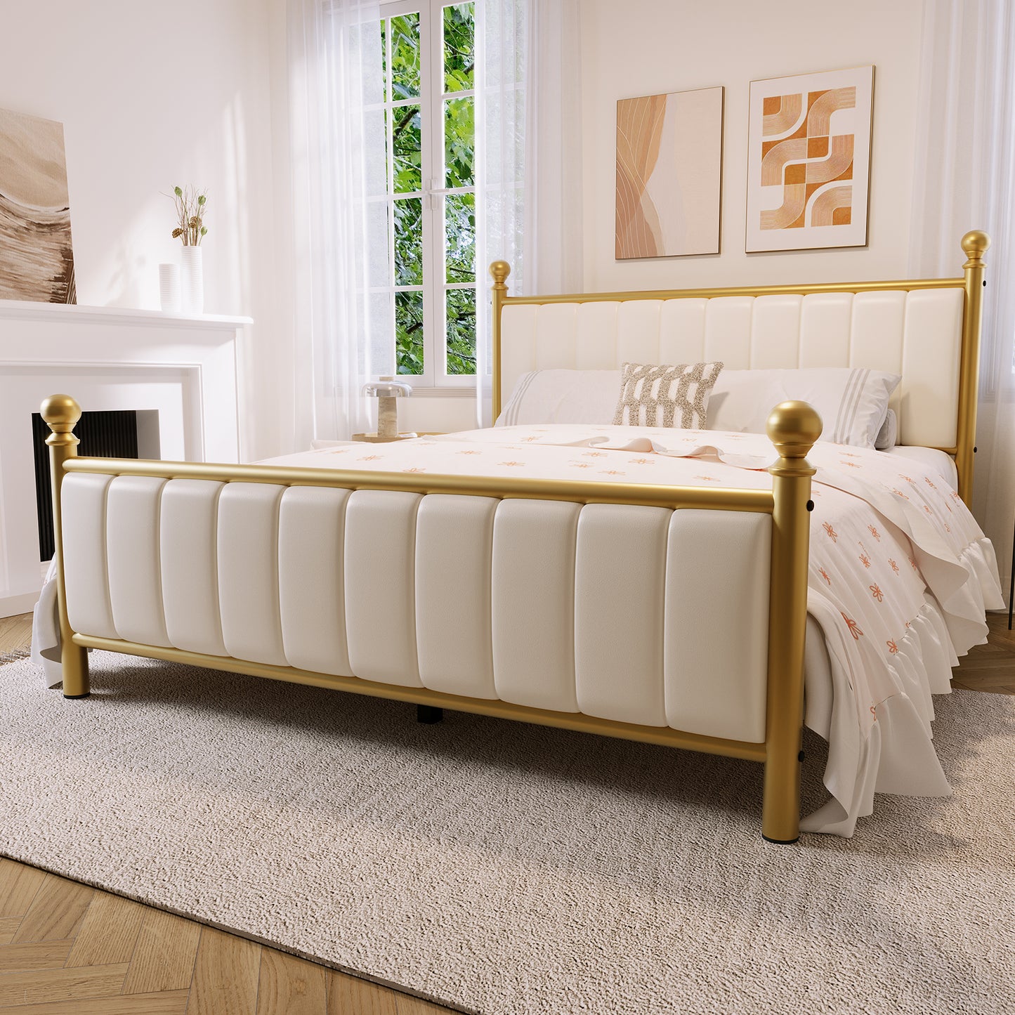 E-Motie Metal Platform Bed Frame with Upholstered Headboard, Easy Assembly, No Box Spring Needed