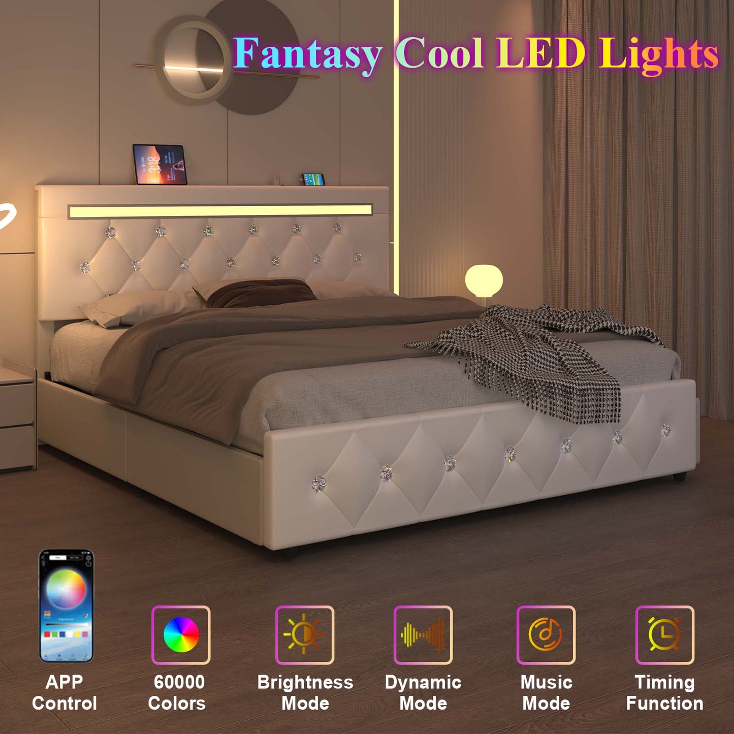 E-motie Bed Frame with Storage Drawers and Led Headboard, Platform Bed Frame Charging Station