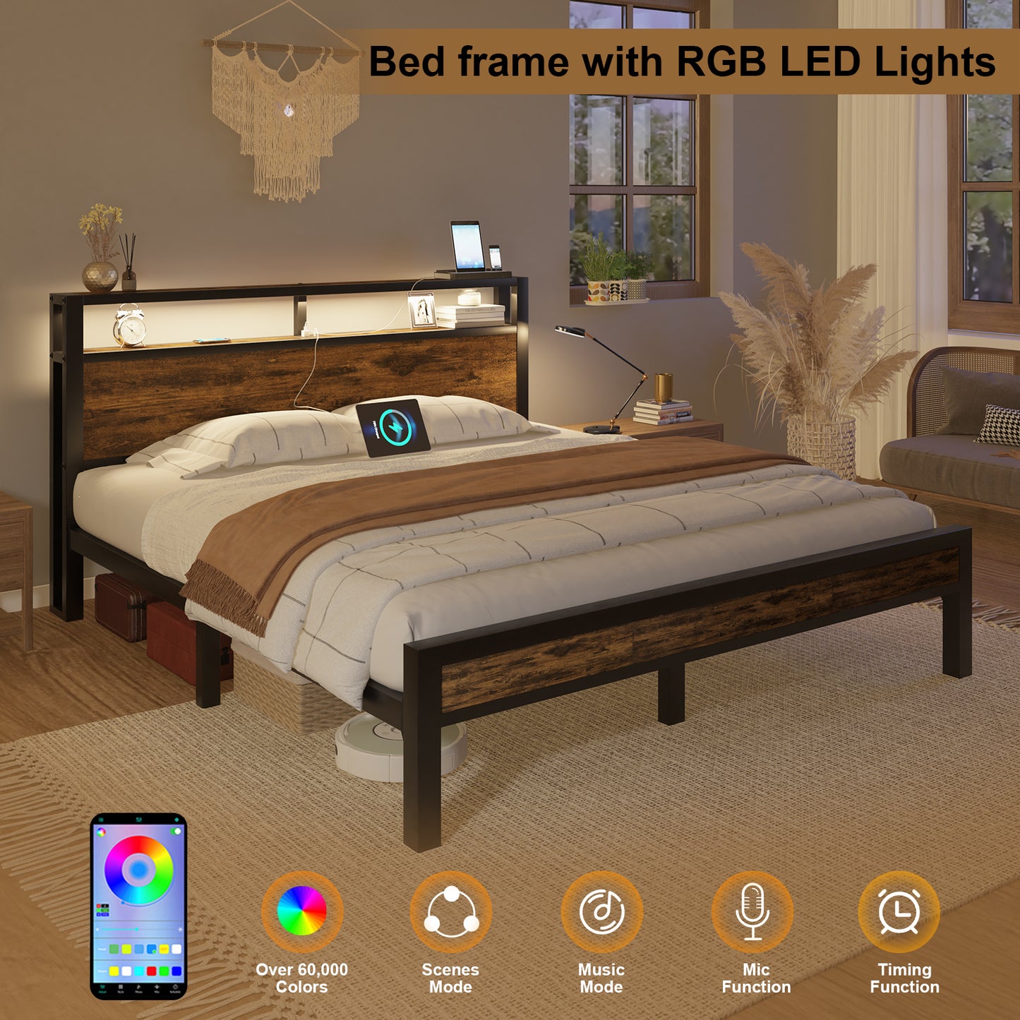 E-motie Bed Frame with Storage Headboard, Metal Platform Bed with LED Lights
