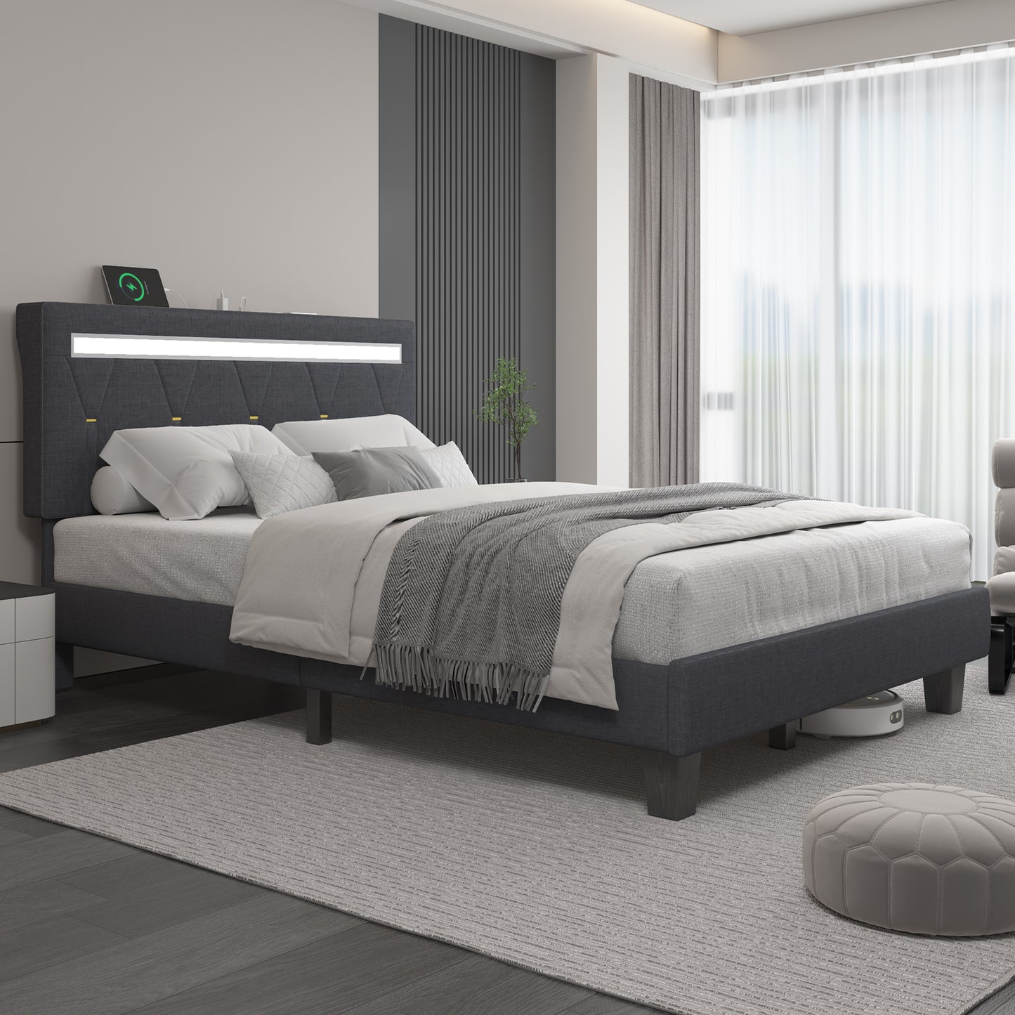 E-motie LED Bed with Charging Station, Platform Bed Frame with Upholstered Button Headboard