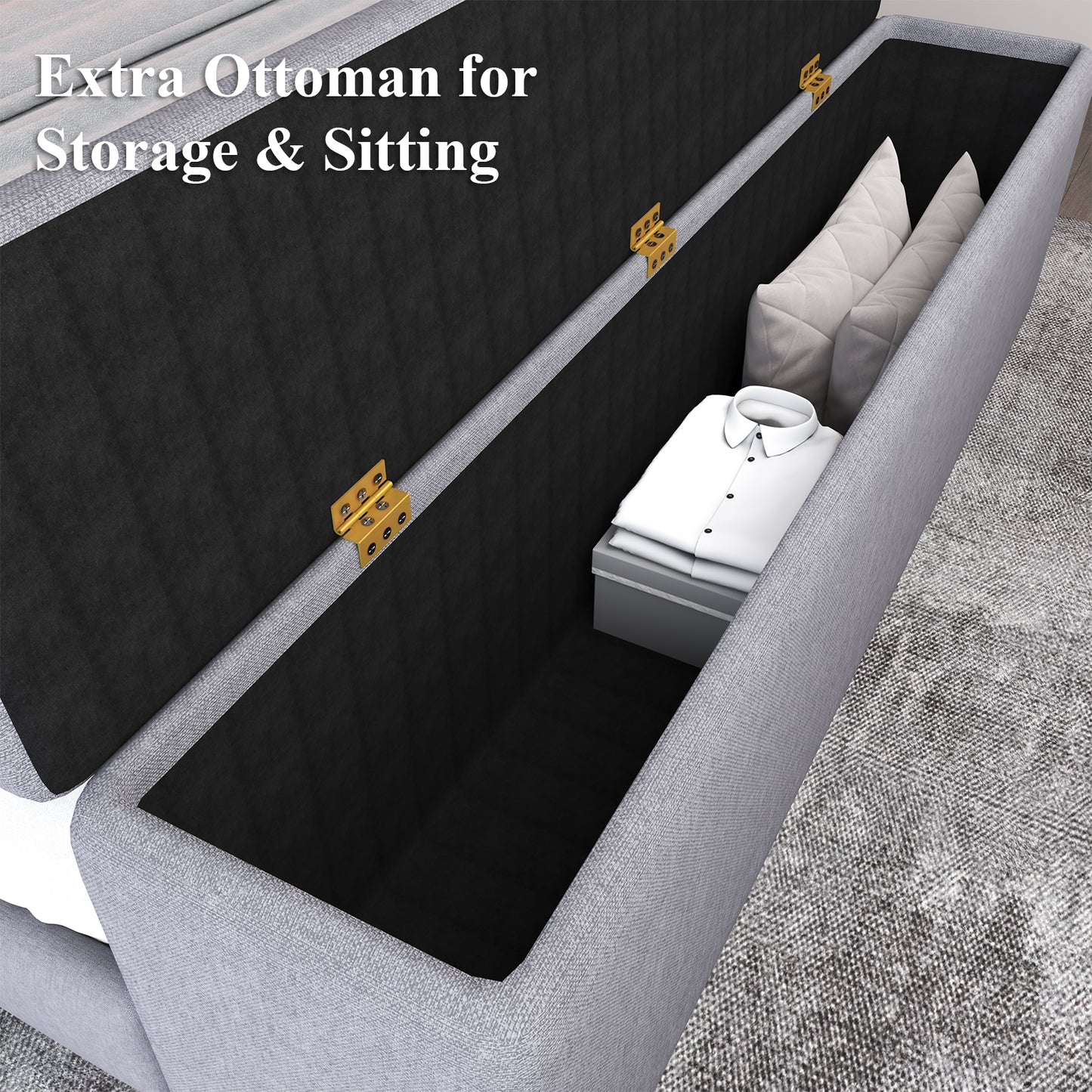 E-motie Upholstered LED Bed Frame with Storage Ottoman and Charging Ports