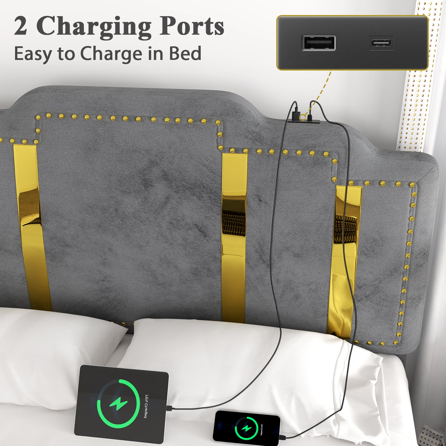 Velvet Upholstered Bed frame, Golden Metal Riveted and Sequined Headboard