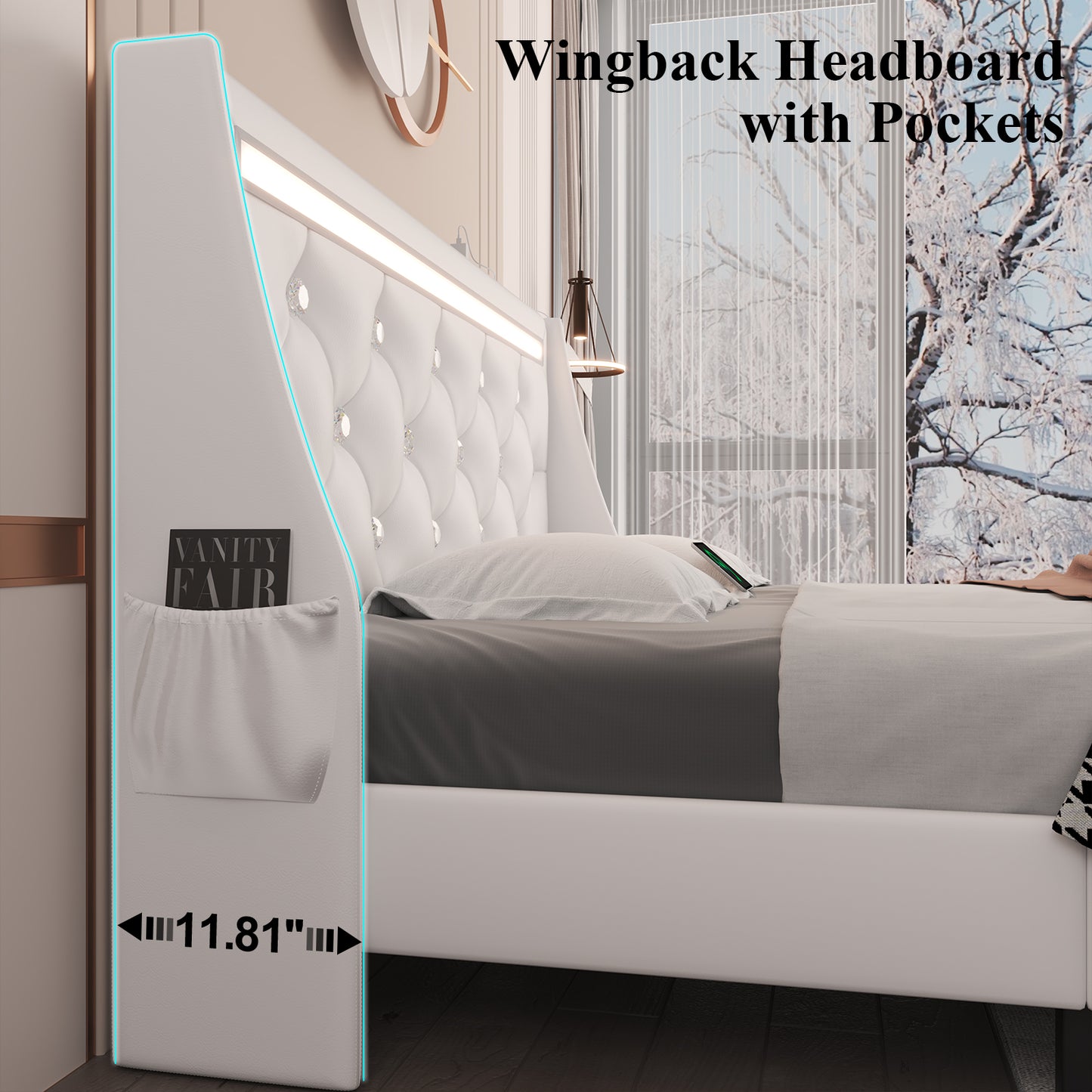E-motie Upholstered LED Bed Frame, Wingback Crystal Button Tufted, LED&Charging Station