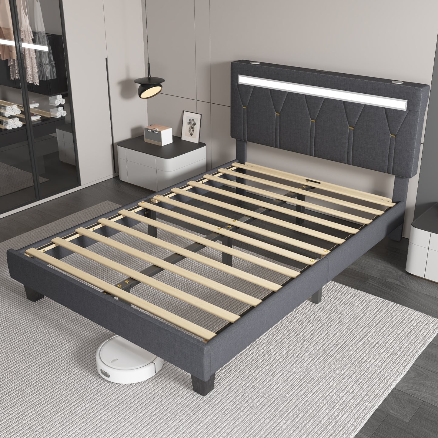 E-motie LED Bed with Charging Station, Platform Bed Frame with Upholstered Button Headboard