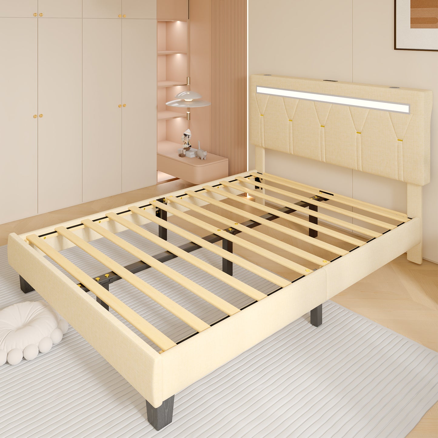 E-motie Upholstered Bed Frame with Adjustable Headboard, LED Platform Bed with Bluetooth Speakers,Charging Station