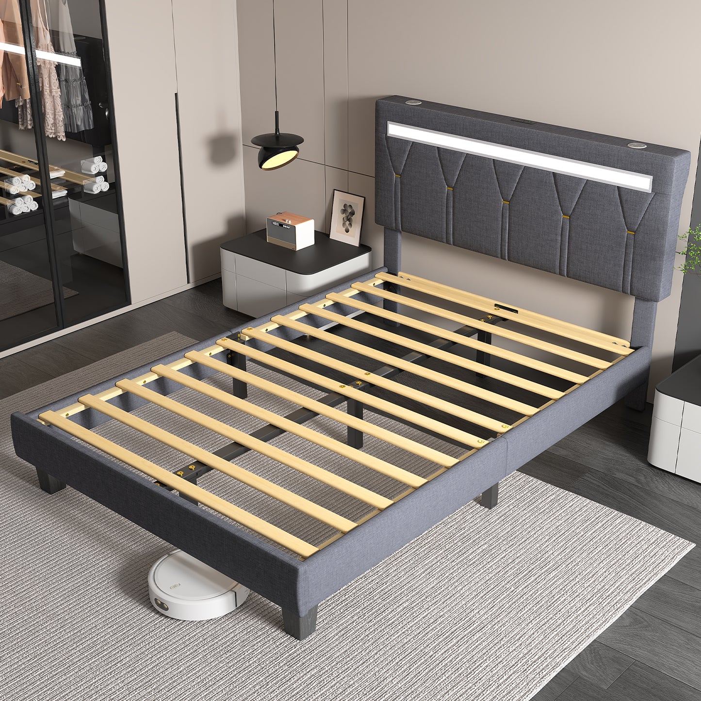 E-motie Upholstered Bed Frame with Adjustable Headboard, LED Platform Bed with Bluetooth Speakers,Charging Station