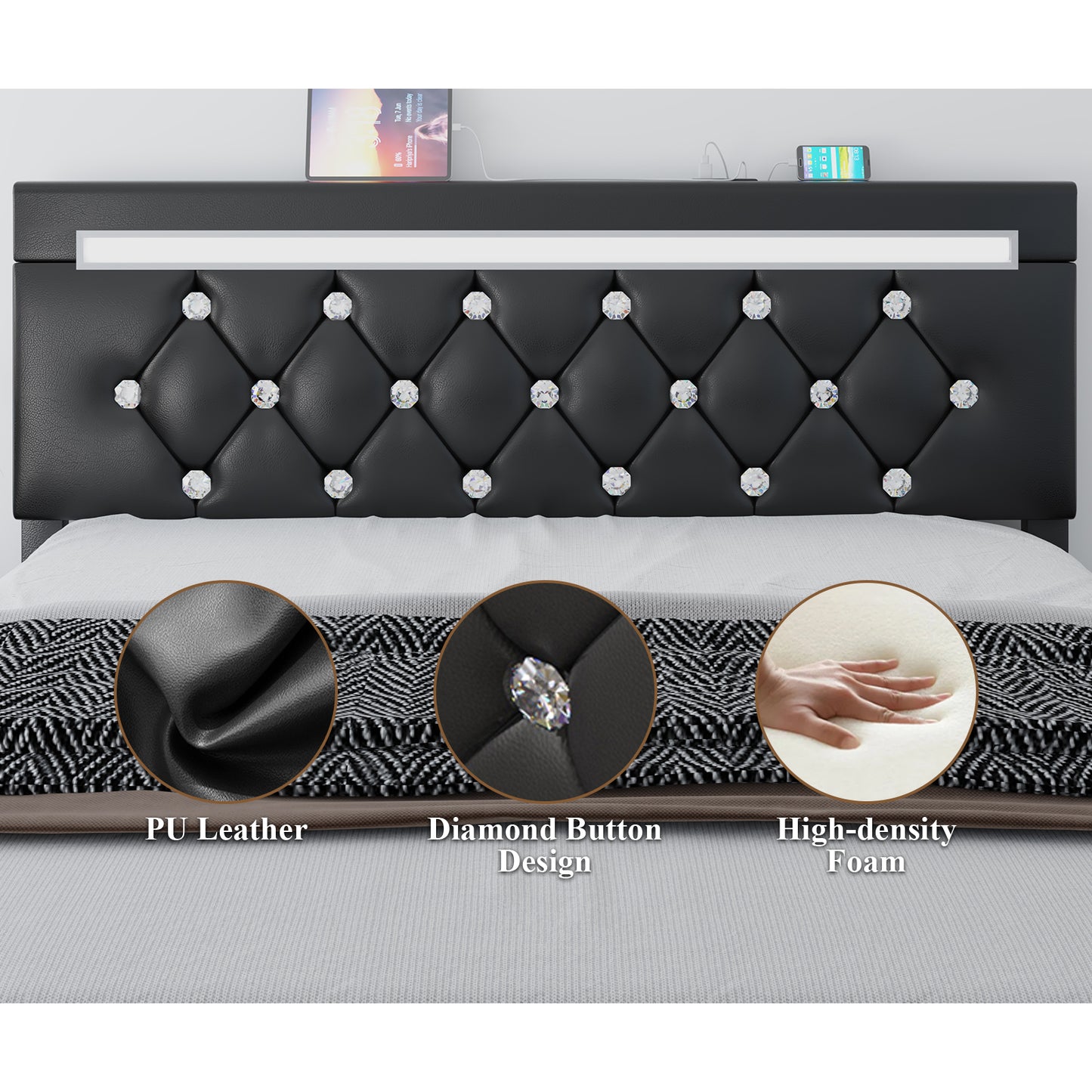 E-motie Bed Frame with Storage Drawers and Led Headboard, Platform Bed Frame Charging Station