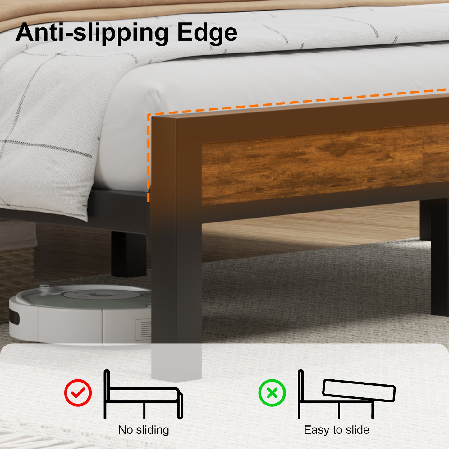 E-motie Bed Frame with Storage Headboard, Metal Platform Bed with LED Lights