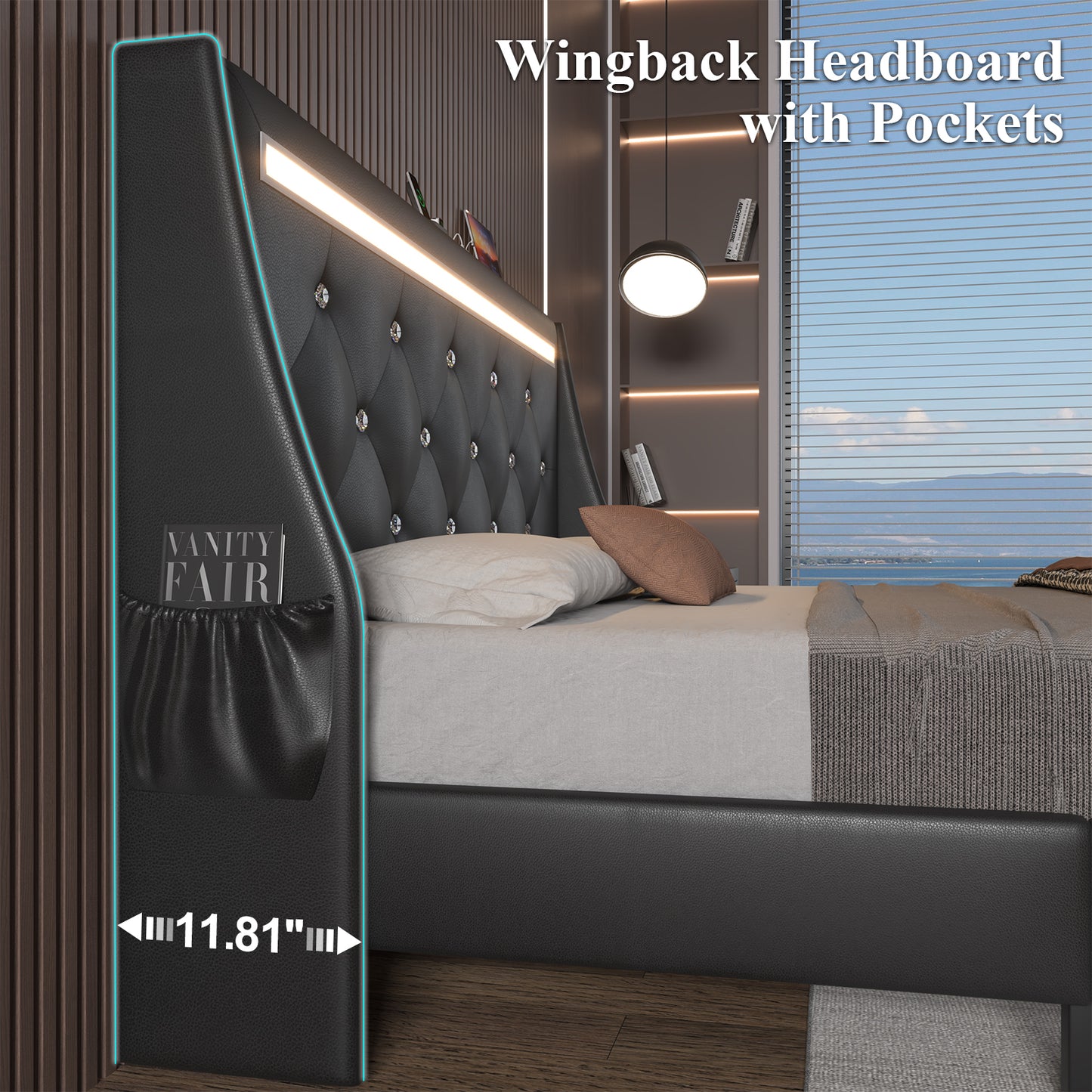 E-motie Upholstered LED Bed Frame, Wingback Crystal Button Tufted, LED&Charging Station