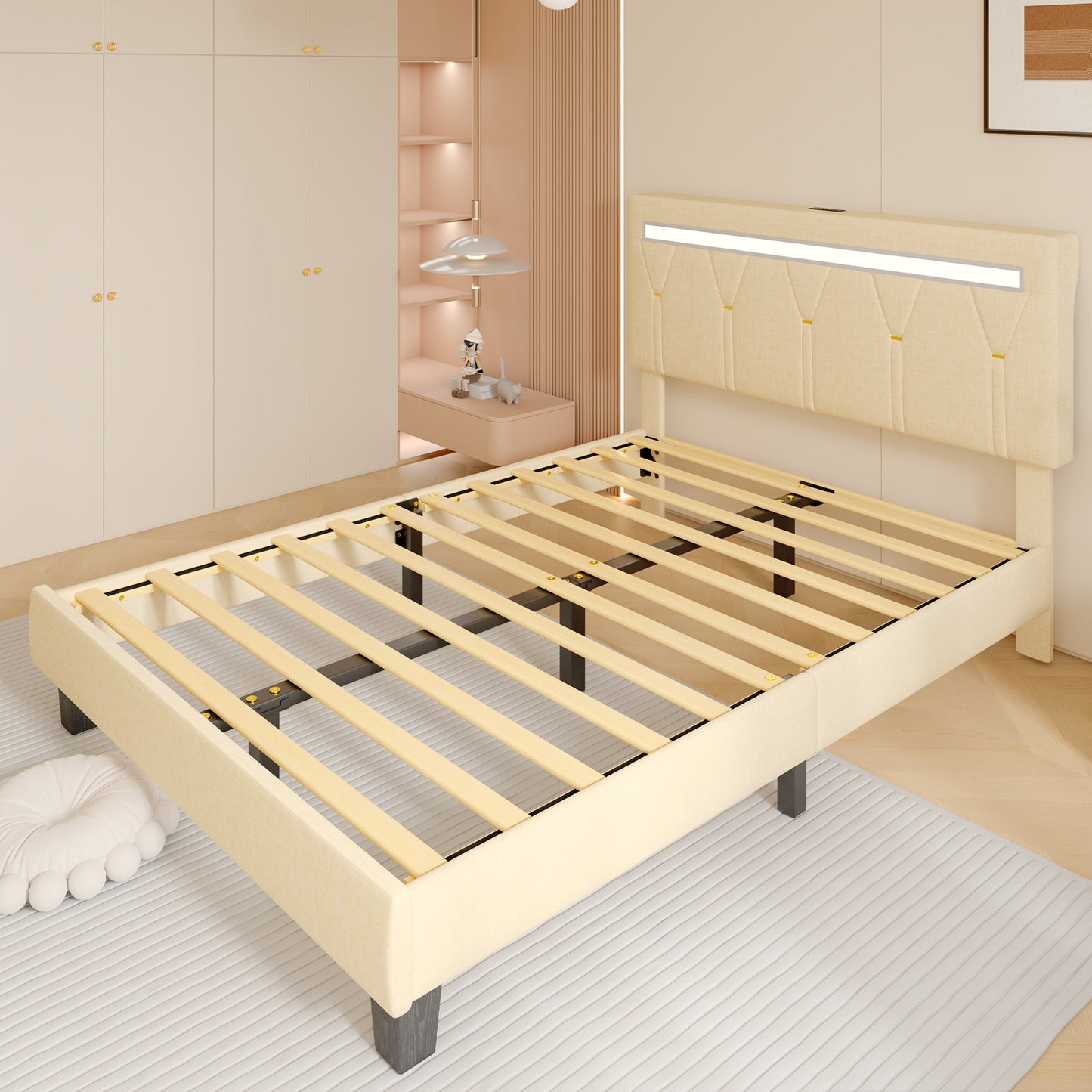 E-motie LED Bed with Charging Station, Platform Bed Frame with Upholstered Button Headboard