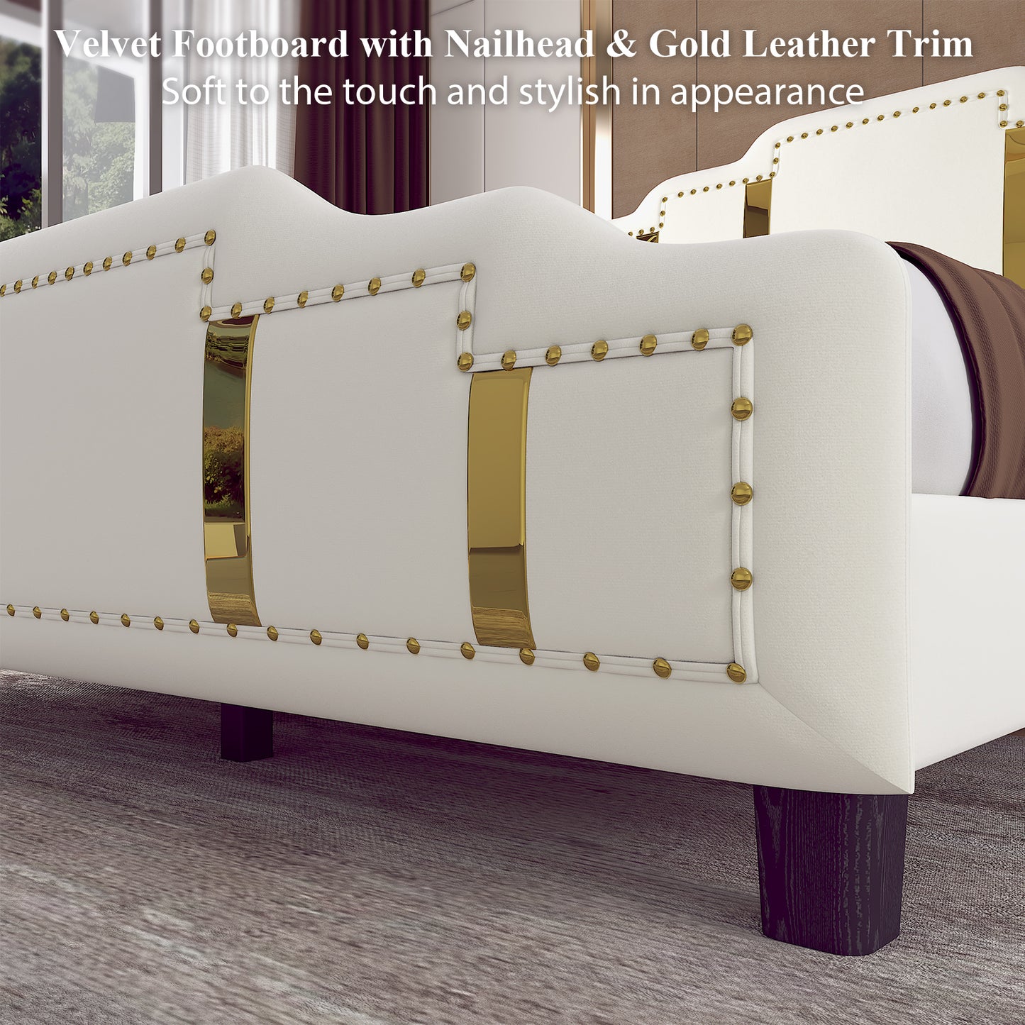 Velvet Upholstered Bed frame, Golden Metal Riveted and Sequined Headboard