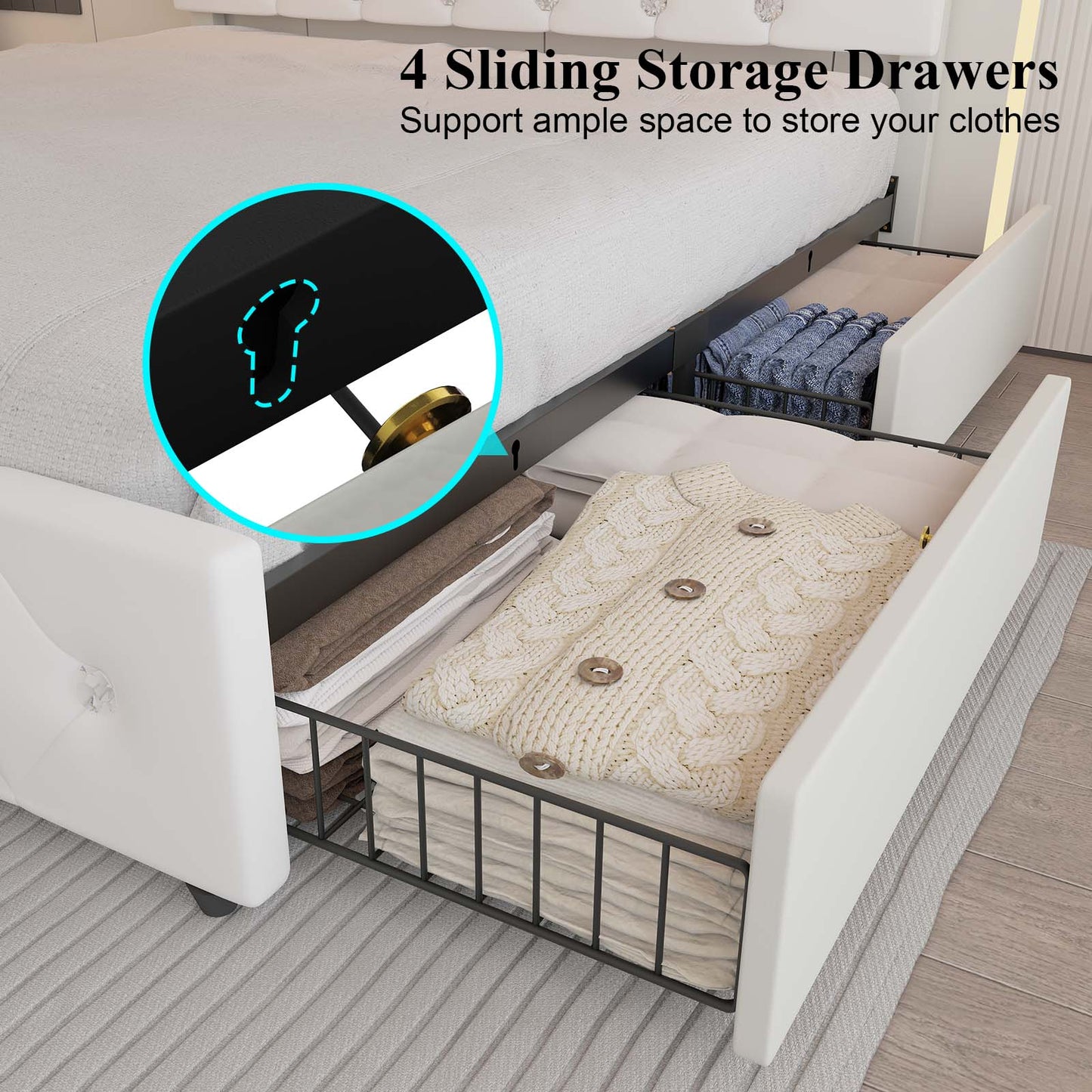 E-motie Bed Frame with Storage Drawers and Led Headboard, Platform Bed Frame Charging Station