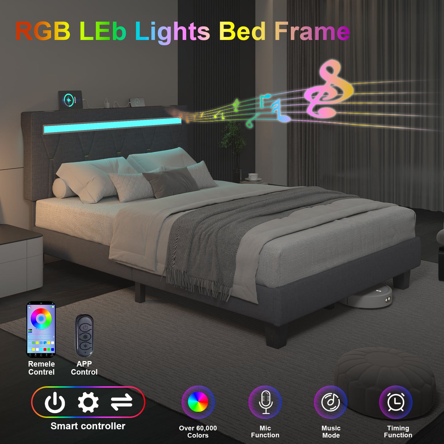 E-motie Upholstered Bed Frame with Adjustable Headboard, LED Platform Bed with Bluetooth Speakers,Charging Station