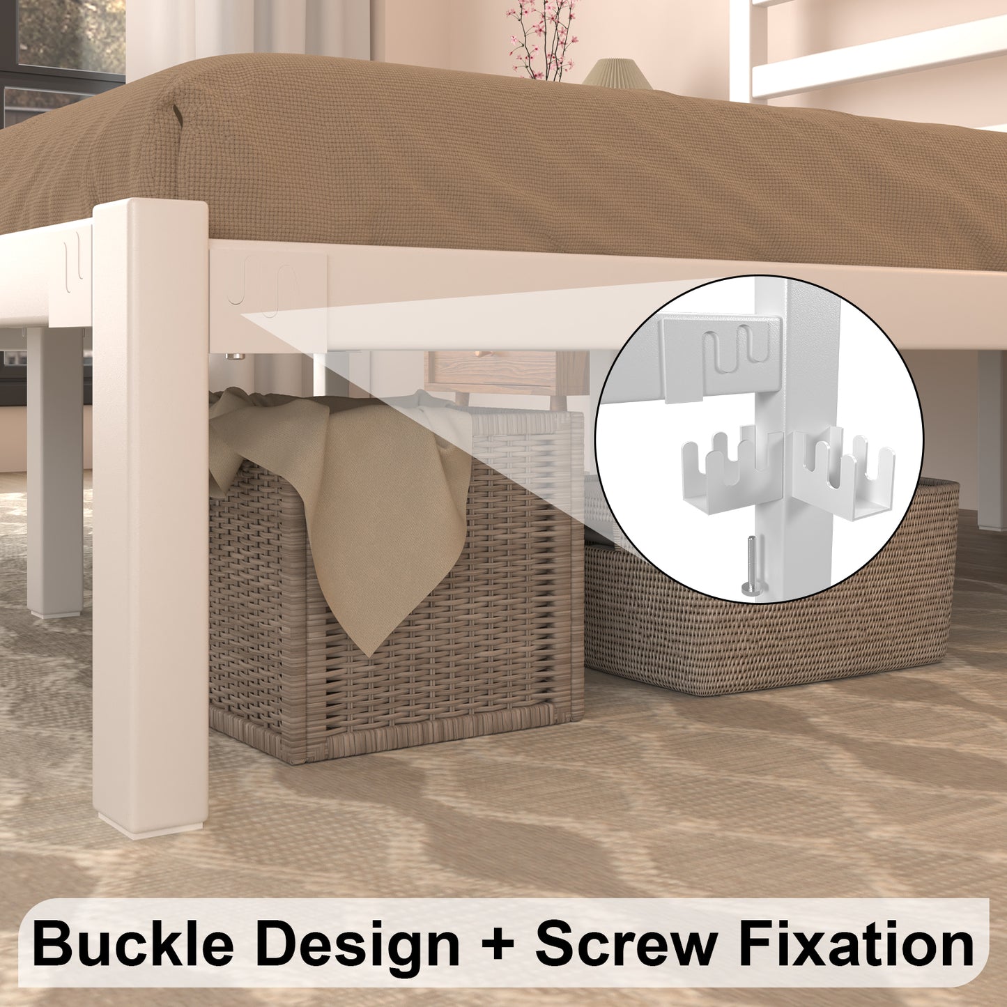 E-motie Metal Platform Bed Frame with Headboard, Under-Bed Storage