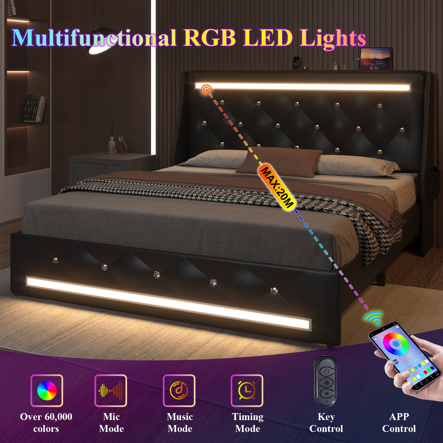 E-motie Upholstered LED Bed Frame, Wingback Crystal Button Tufted, LED&Charging Station