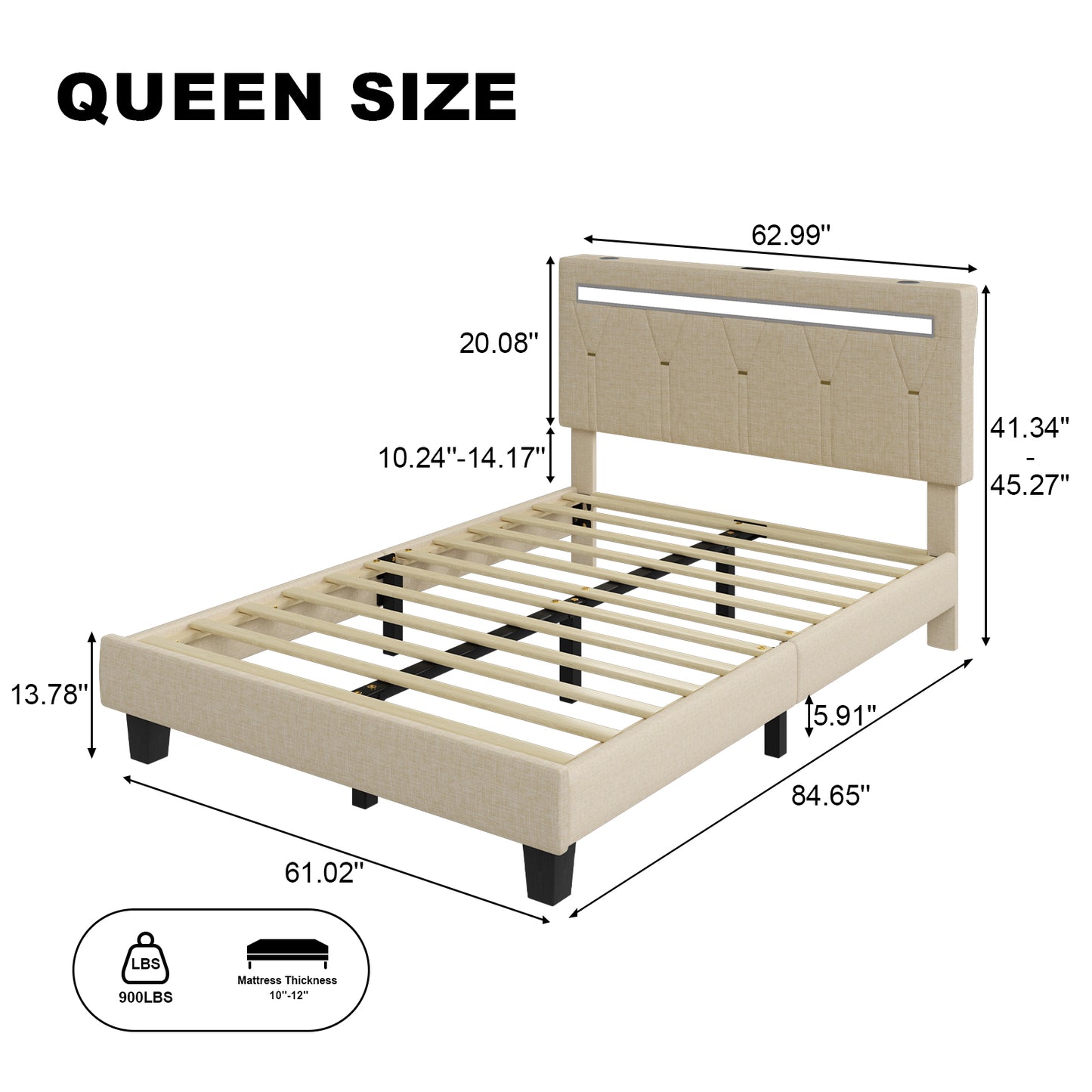 E-motie Upholstered Bed Frame with Adjustable Headboard, LED Platform Bed with Bluetooth Speakers,Charging Station
