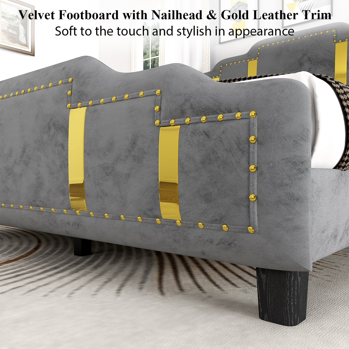 Velvet Upholstered Bed frame, Golden Metal Riveted and Sequined Headboard