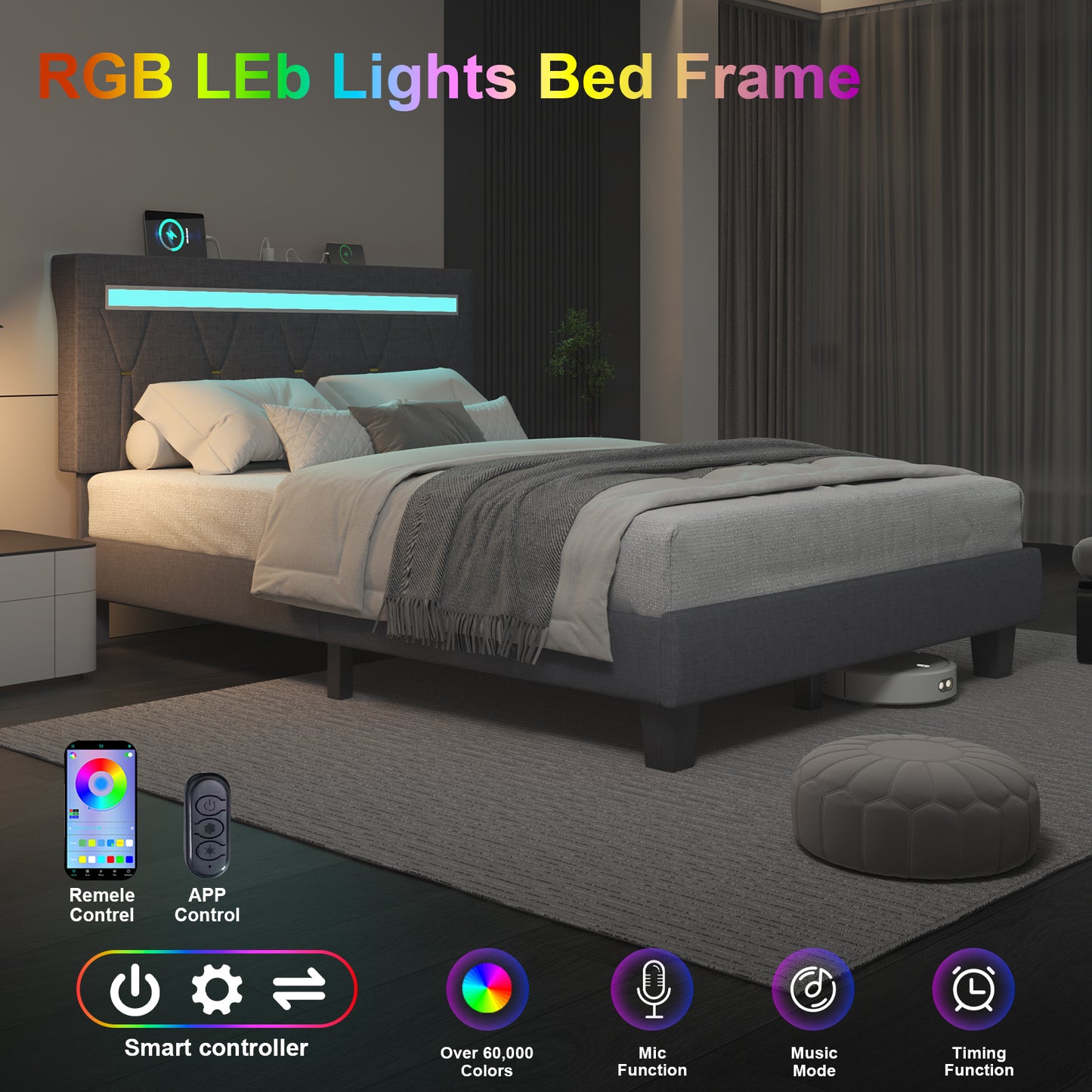 E-motie LED Bed with Charging Station, Platform Bed Frame with Upholstered Button Headboard