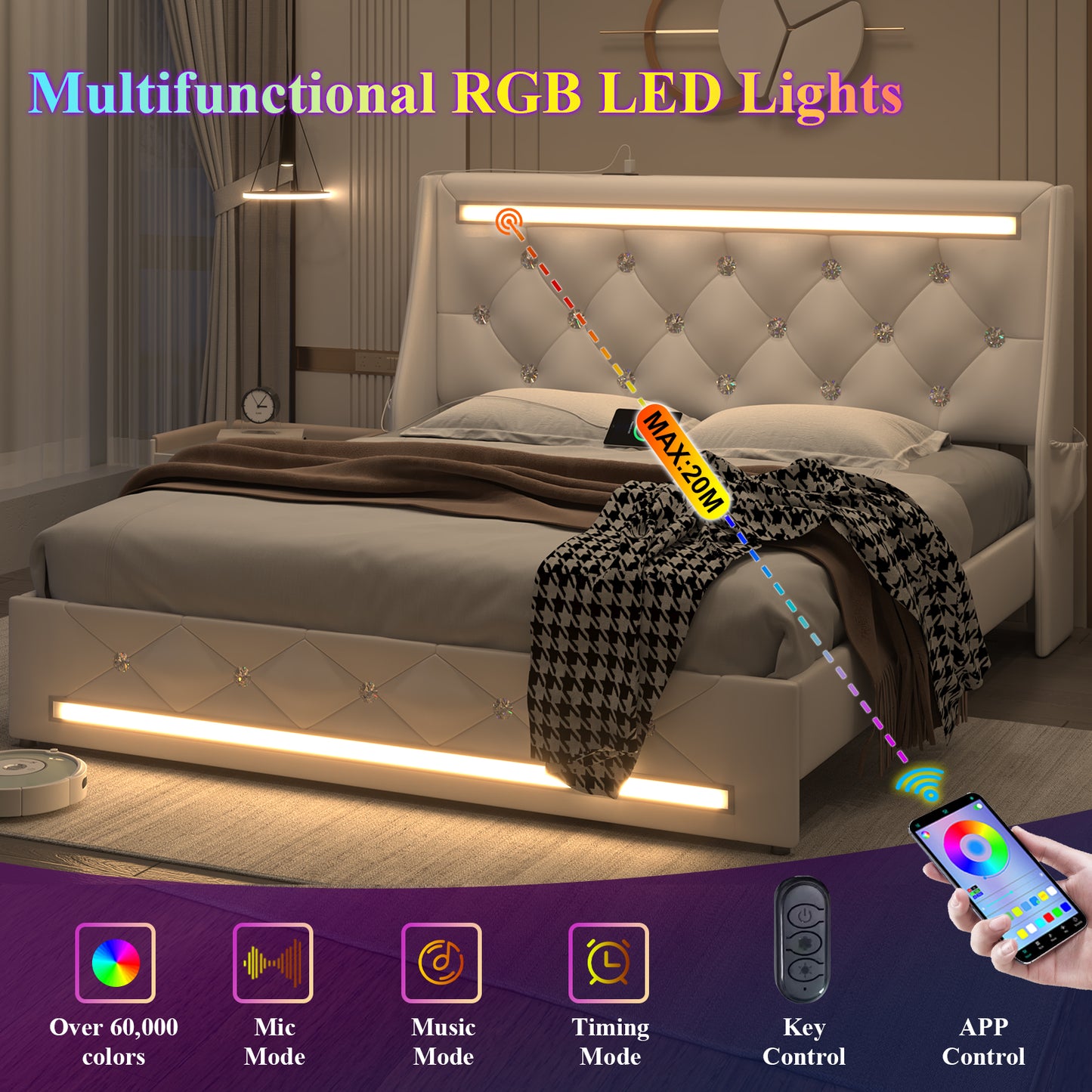 E-motie Upholstered LED Bed Frame, Wingback Crystal Button Tufted, LED&Charging Station