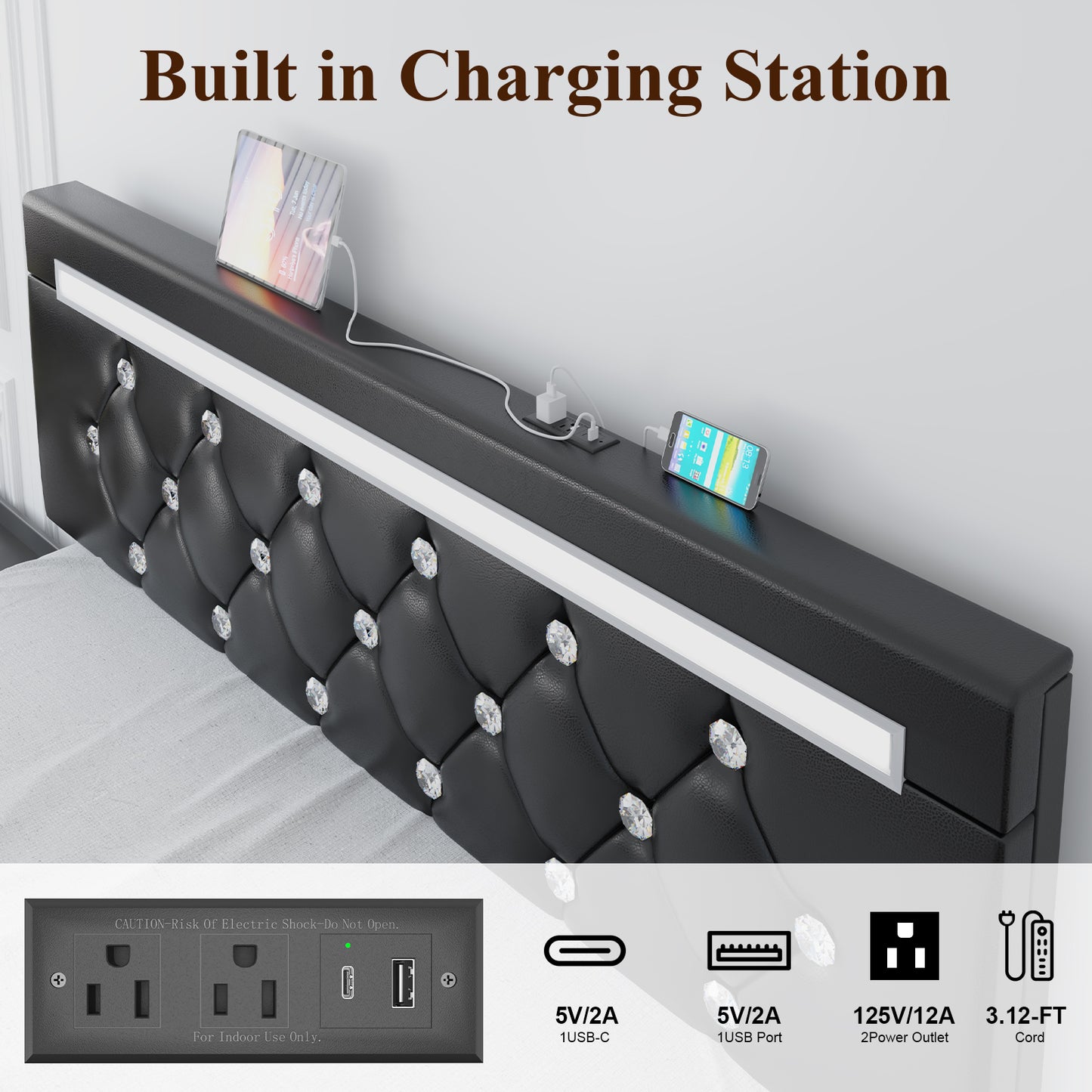 E-motie Bed Frame with Storage Drawers and Led Headboard, Platform Bed Frame Charging Station