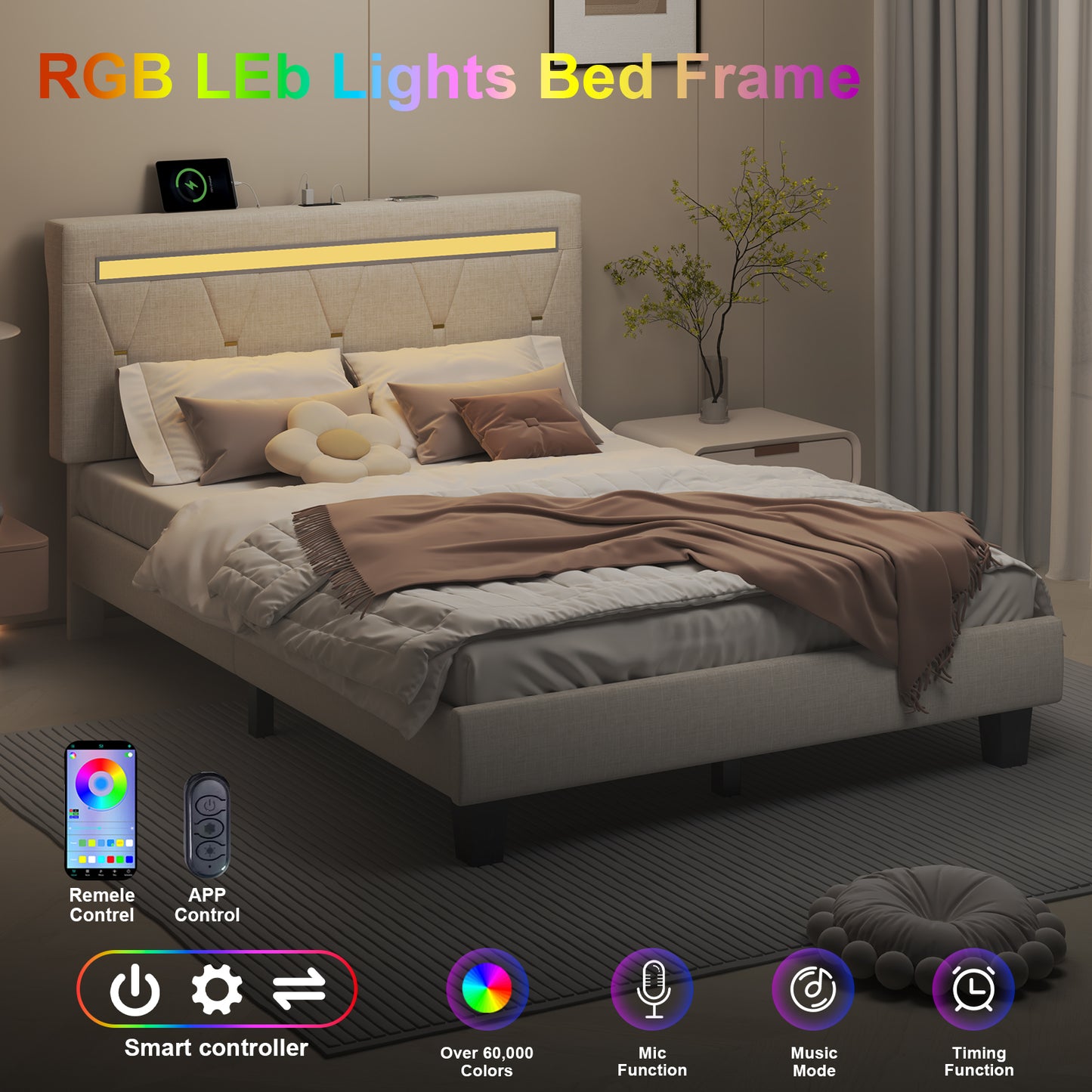 E-motie LED Bed with Charging Station, Platform Bed Frame with Upholstered Button Headboard