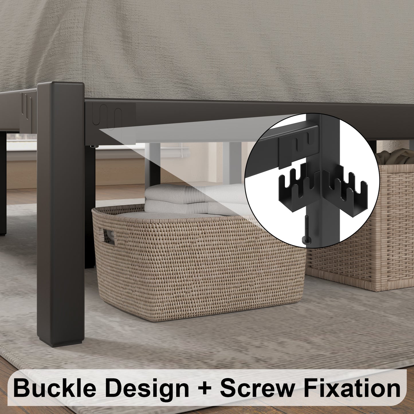 E-motie Metal Platform Bed Frame with Headboard, Under-Bed Storage