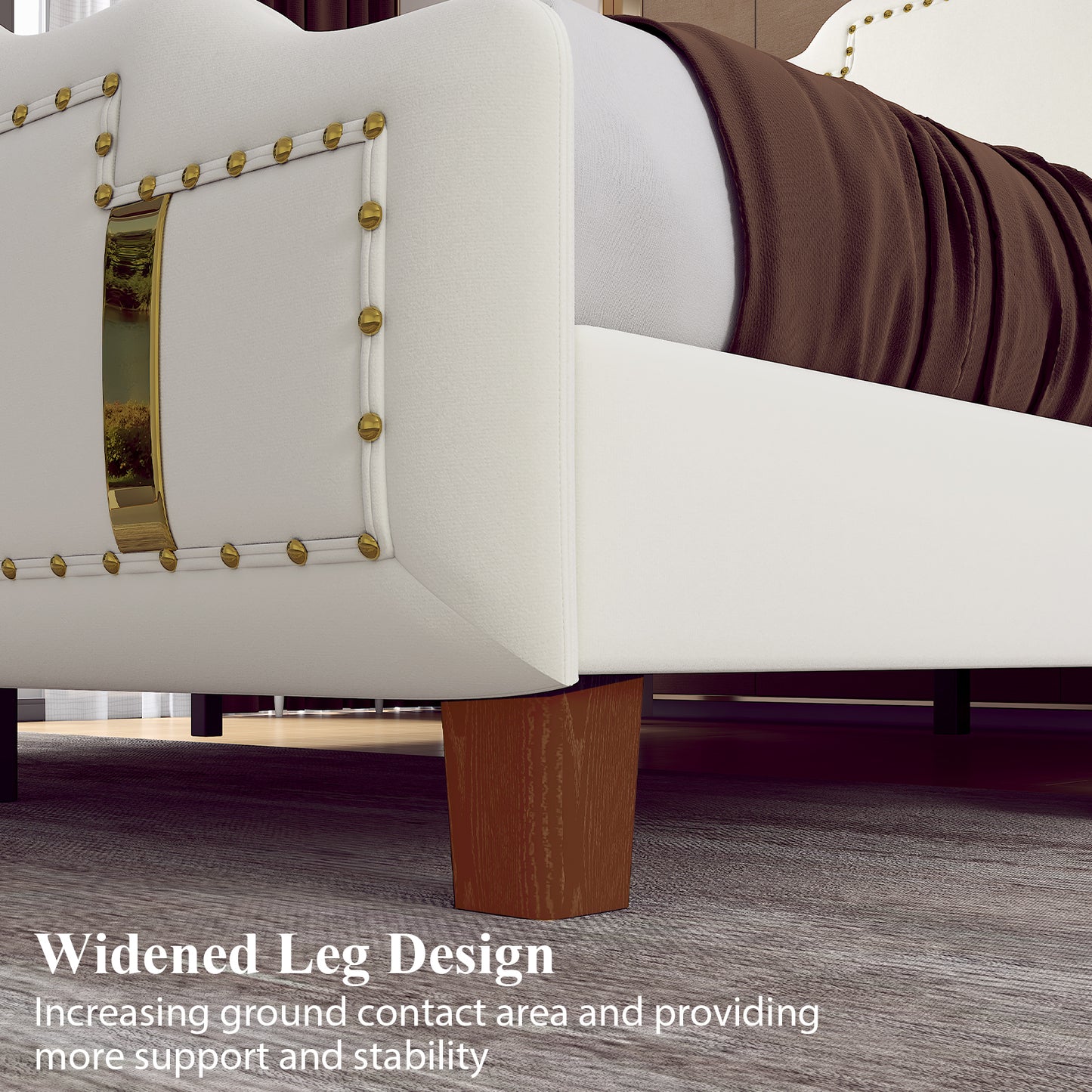 Velvet Upholstered Bed frame, Golden Metal Riveted and Sequined Headboard