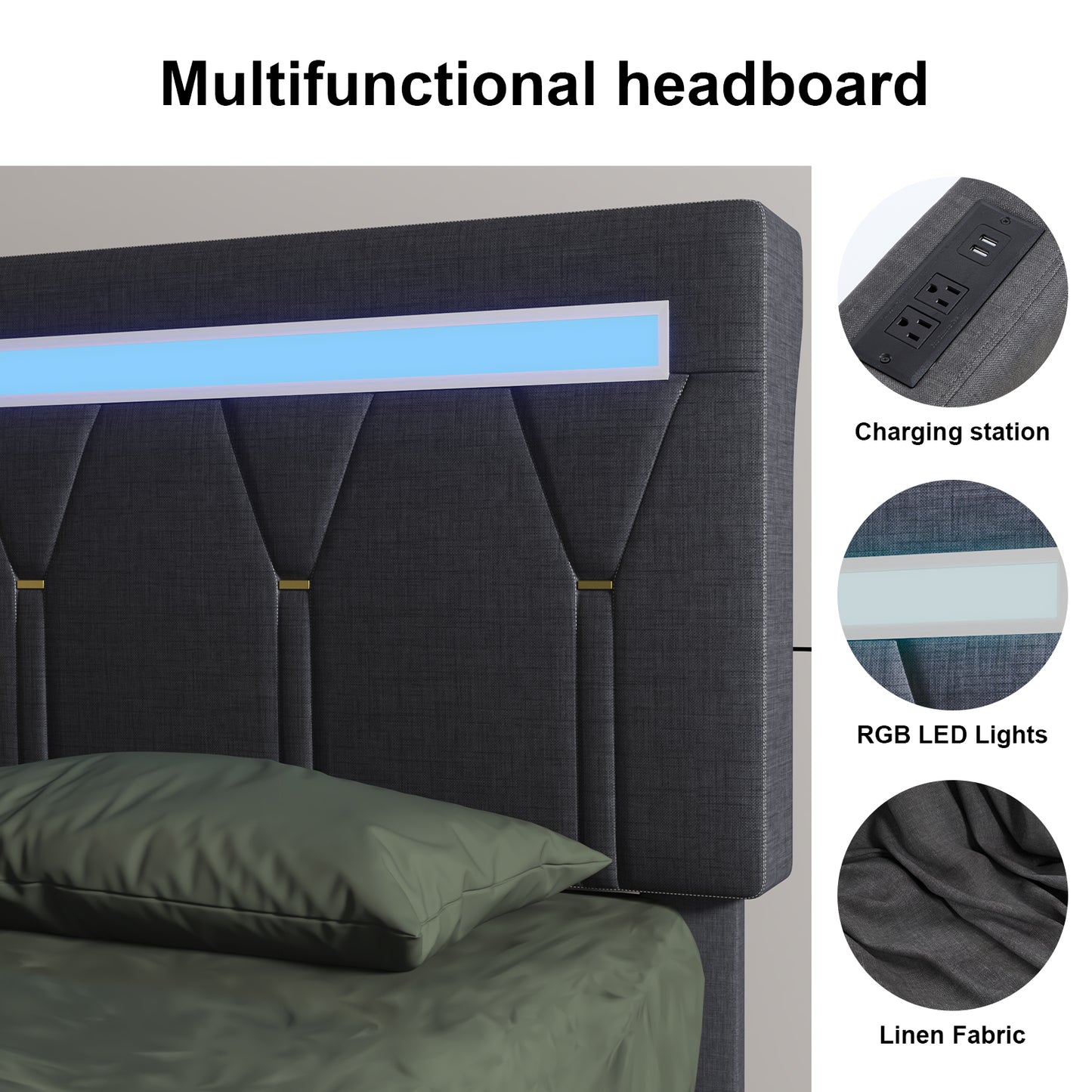 E-motie LED Bed with Charging Station, Platform Bed Frame with Upholstered Button Headboard