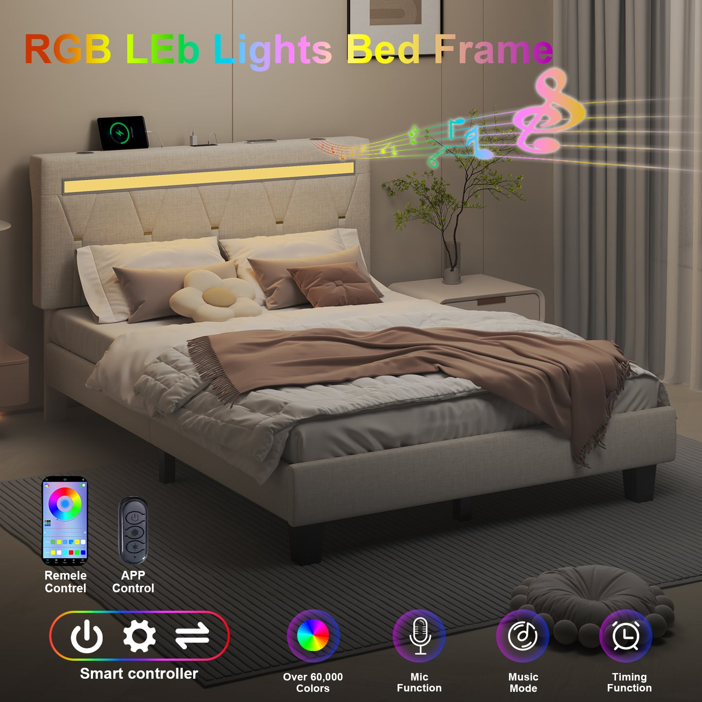 E-motie Upholstered Bed Frame with Adjustable Headboard, LED Platform Bed with Bluetooth Speakers,Charging Station