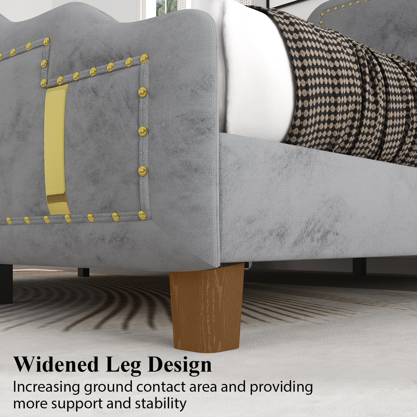 Velvet Upholstered Bed frame, Golden Metal Riveted and Sequined Headboard
