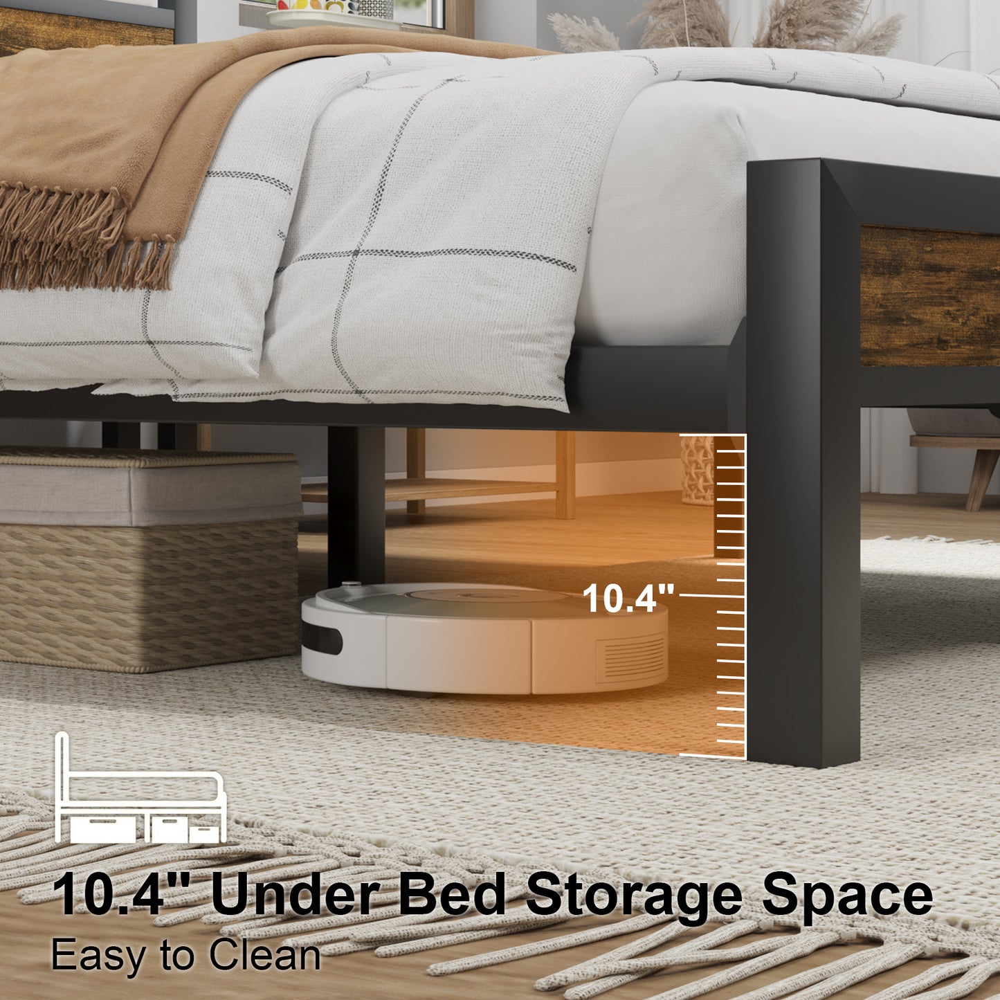 E-motie Bed Frame with Storage Headboard, Metal Platform Bed with LED Lights