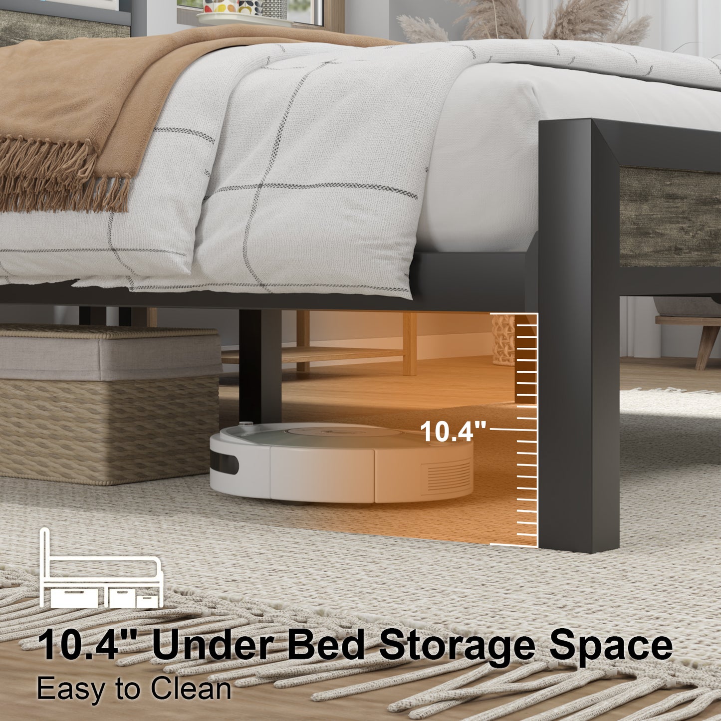 E-motie Bed Frame with Storage Headboard, Metal Platform Bed with LED Lights